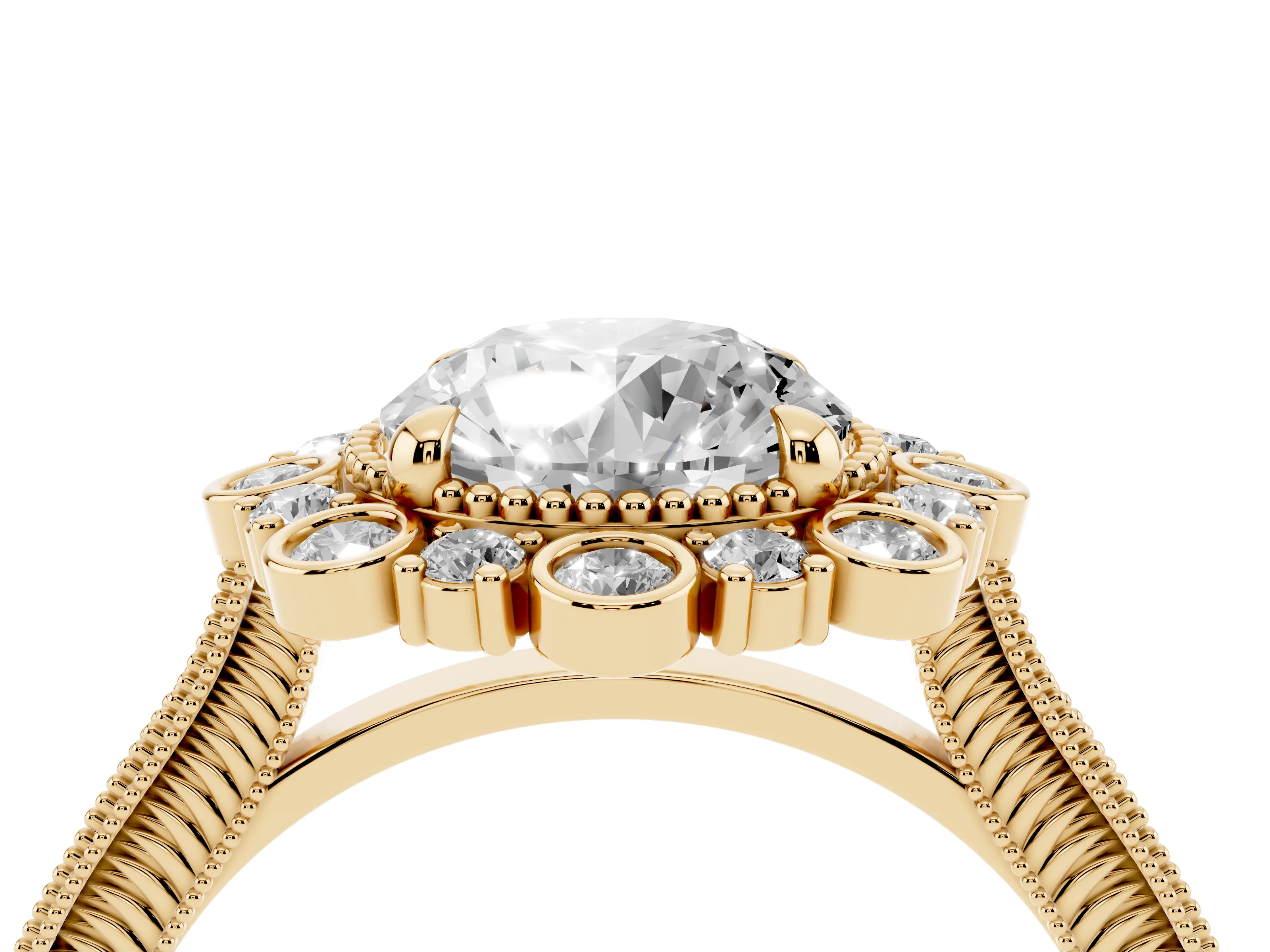 Round Cut Diamond Halo Milgrain Pavé Ring Set in Yellow gold with Prong Setting