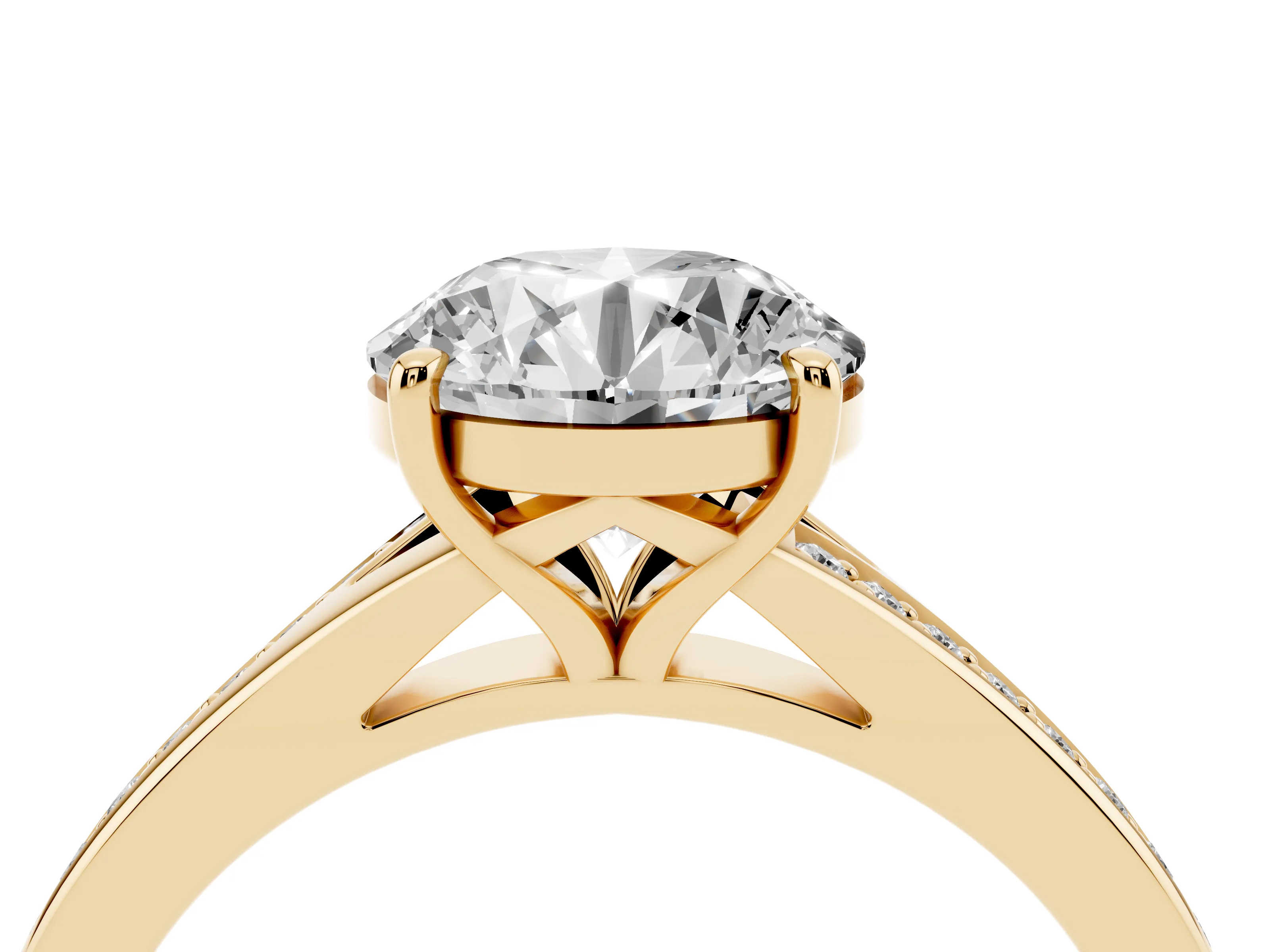 Round Cut Diamond Solitaire Ring Set in Yellow gold with Pavé Accent Band and Classic Prong Setting