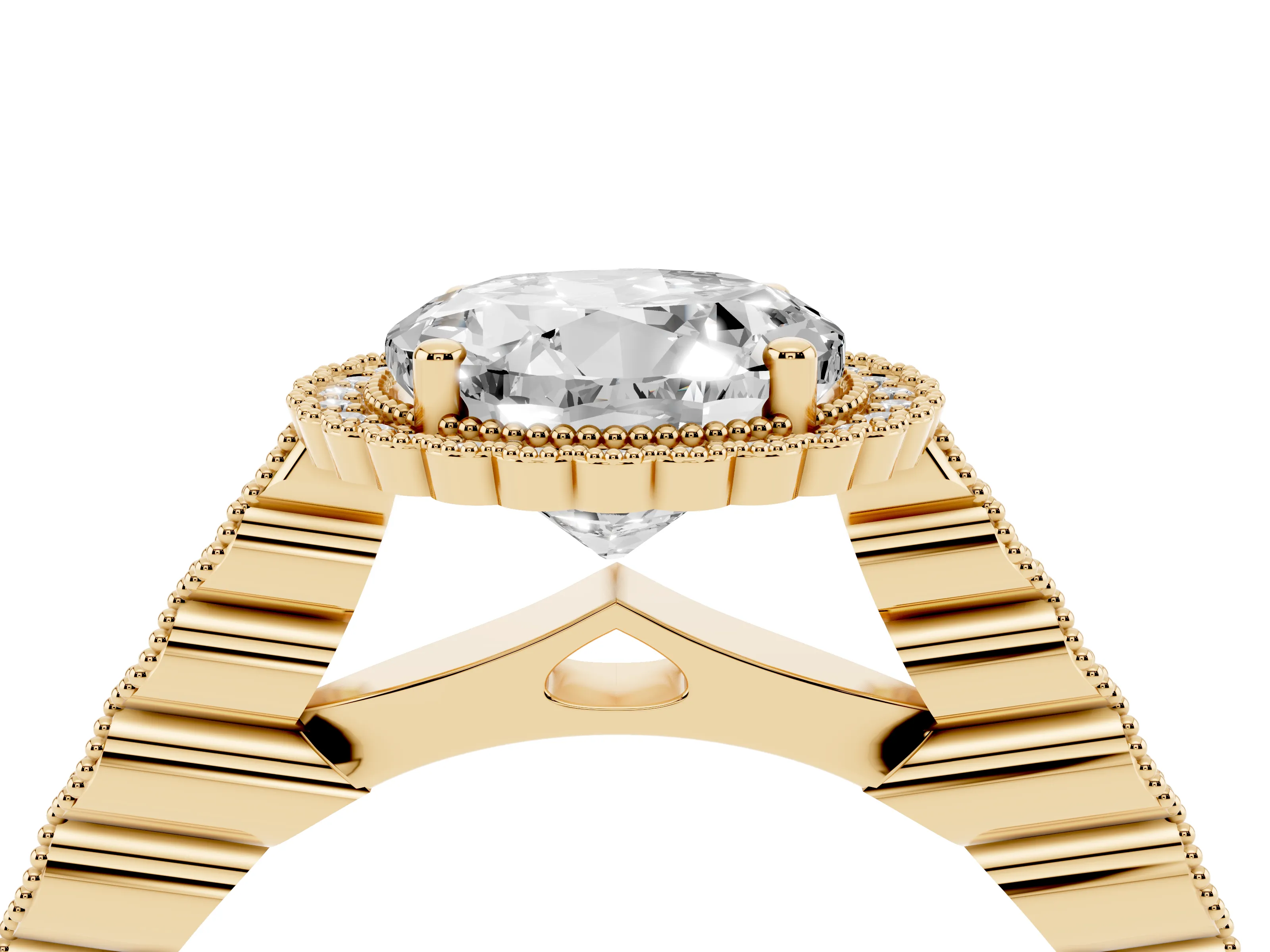 Round Cut Diamond Halo Ring Set in Yellow gold with Pavé Milgrain Band