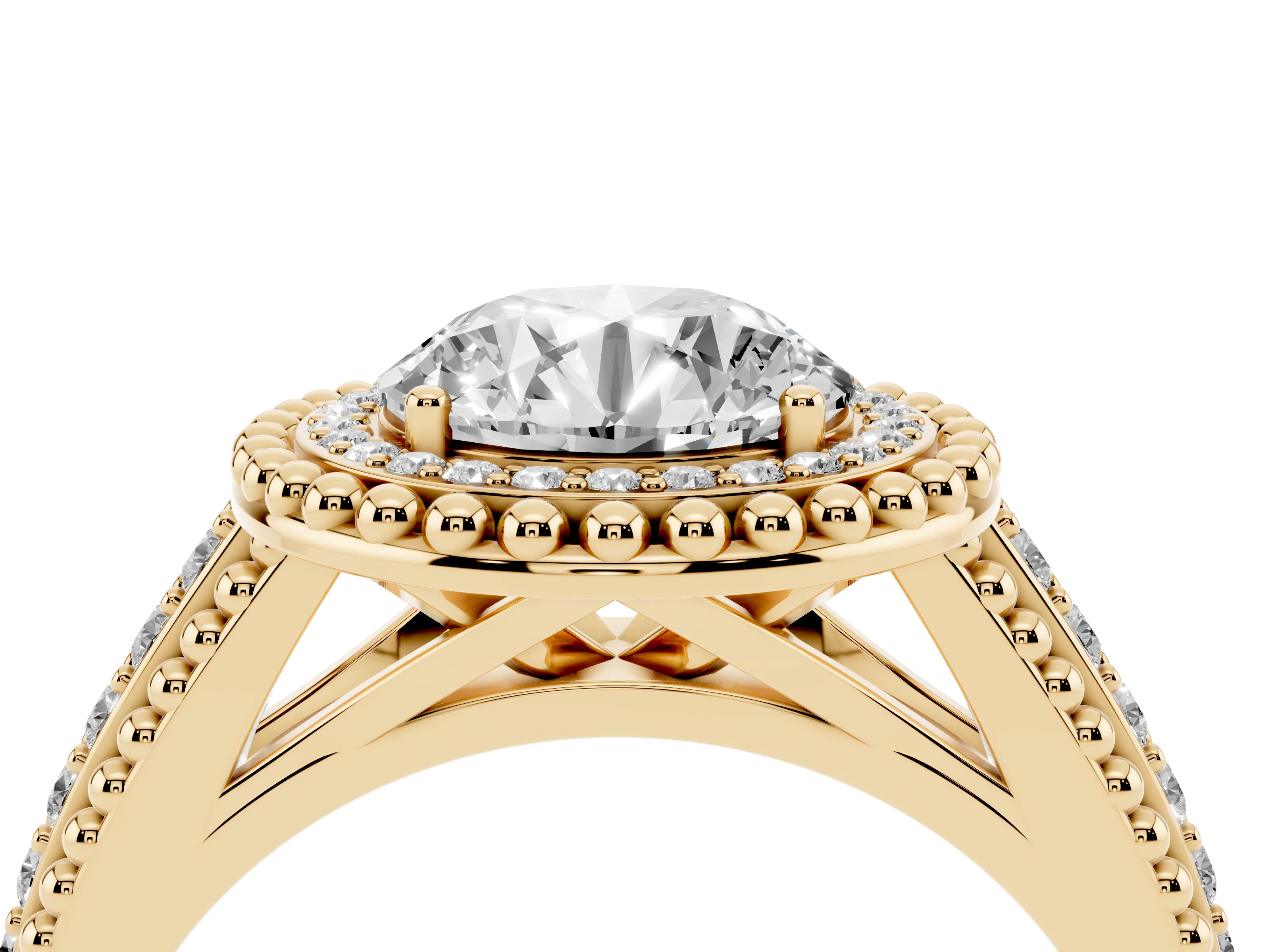 Round Cut Diamond Halo Ring Set in Yellow gold with Beaded Split Shank and Prong Setting