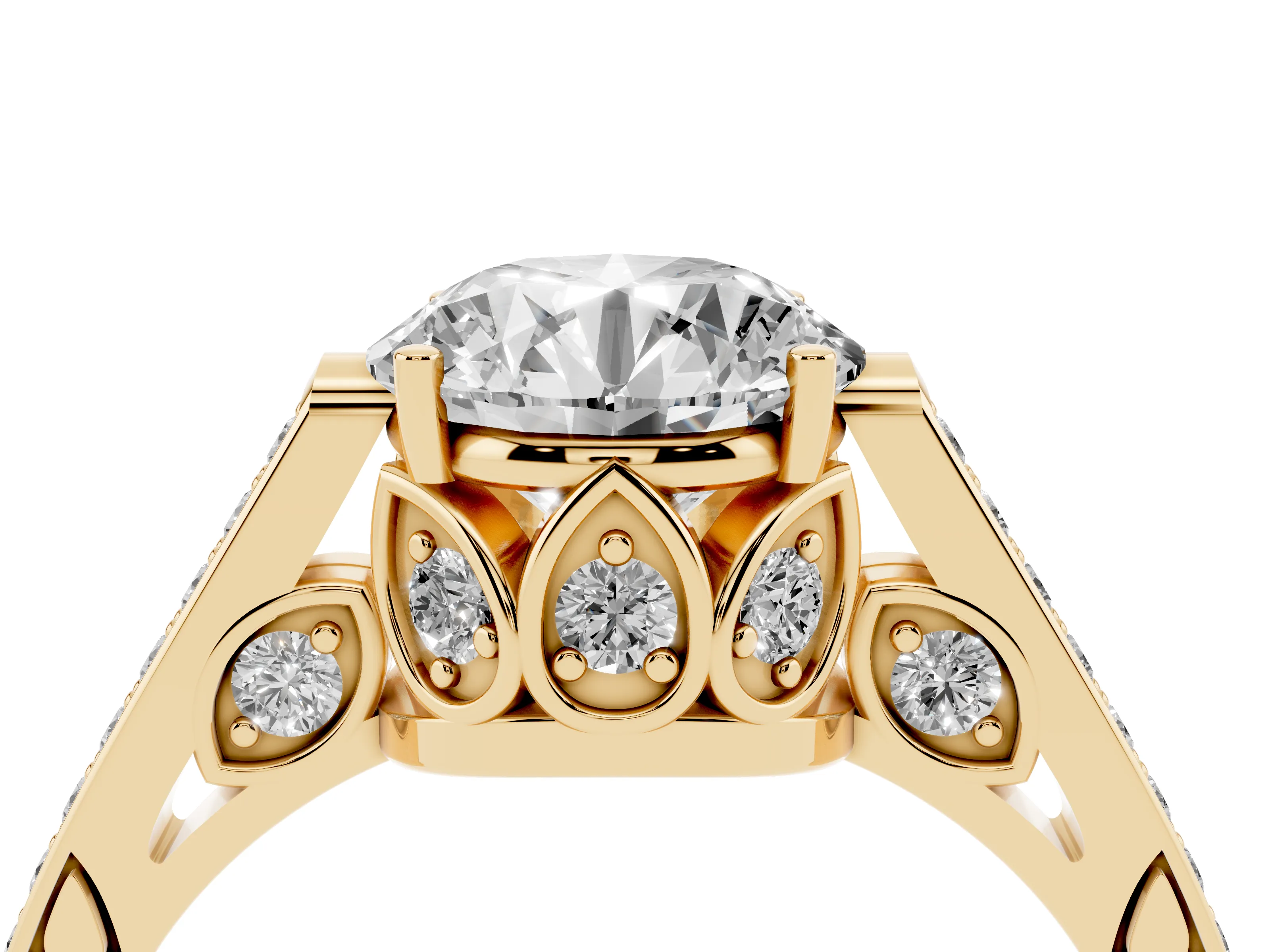 Round Cut Diamond Cathedral Pavé Engagement Ring Set in Yellow gold with Prong Setting
