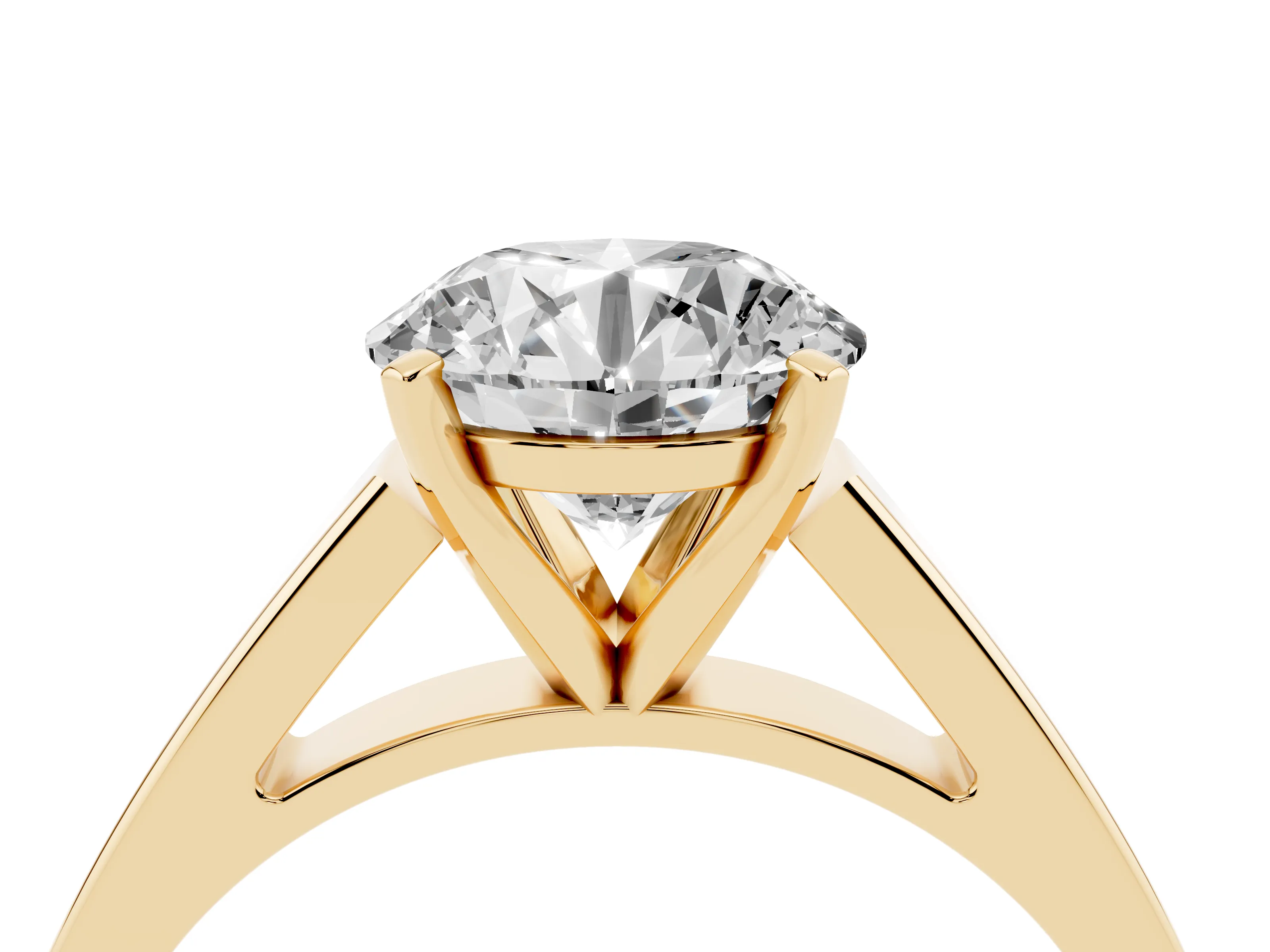 Round Cut Diamond Solitaire Engagement Ring Set in Yellow gold with Prong Setting and Tapered Band