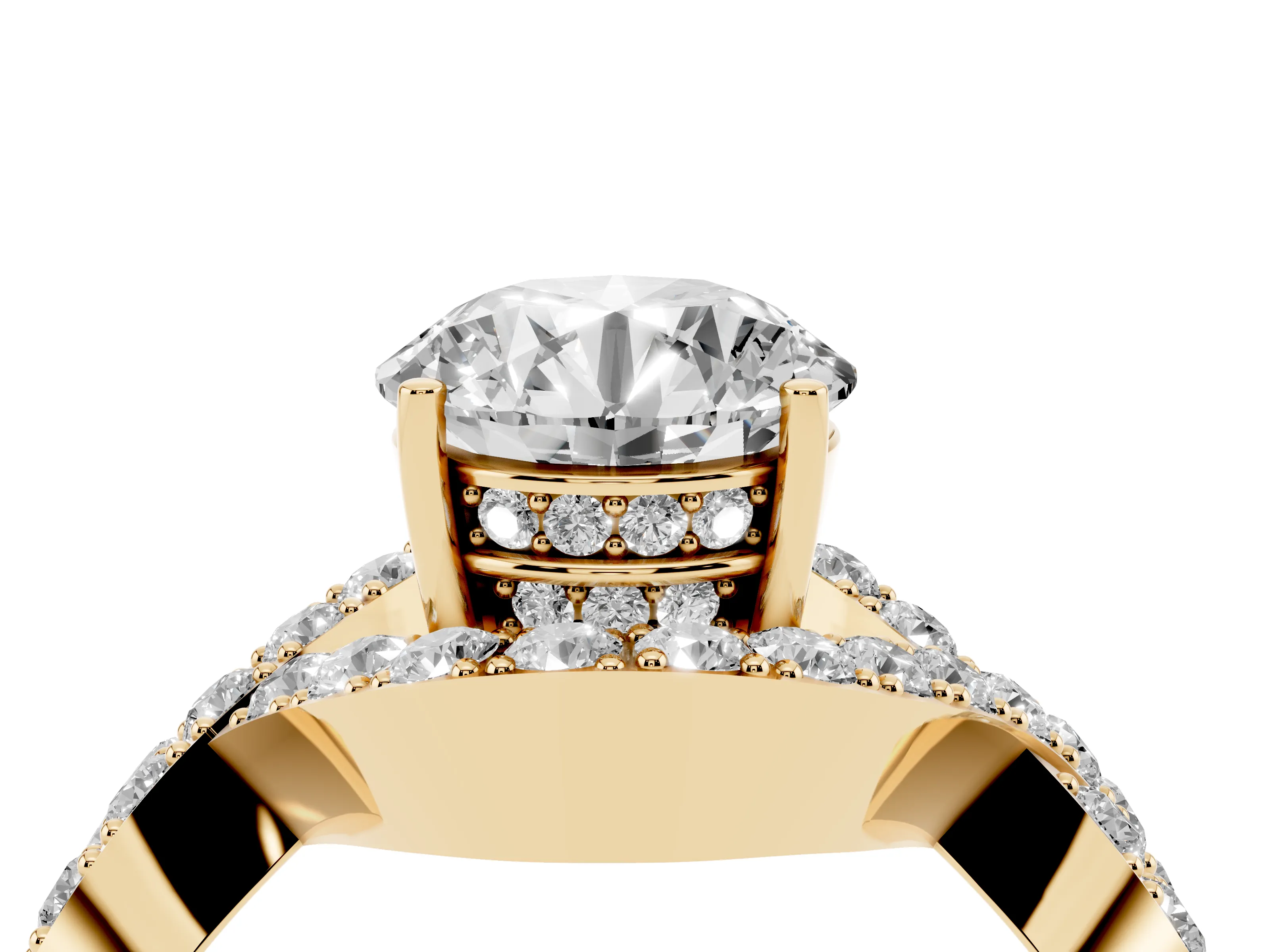 Round Cut Diamond Solitaire Twist Band Pavé Engagement Ring Set in Yellow gold