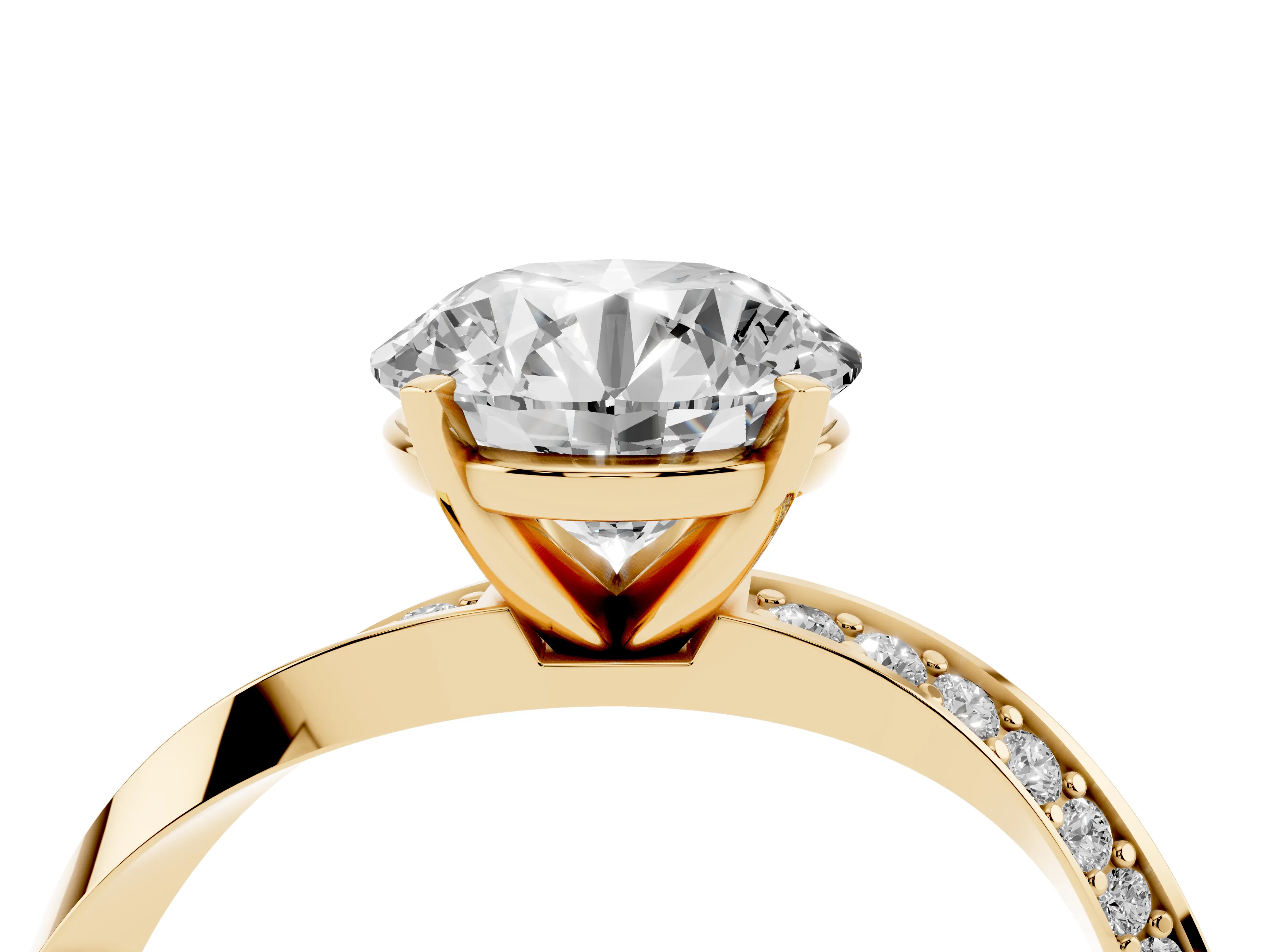 Round Cut Diamond Engagement Ring Set in Yellow gold with Side Stone Accents and Prong Setting