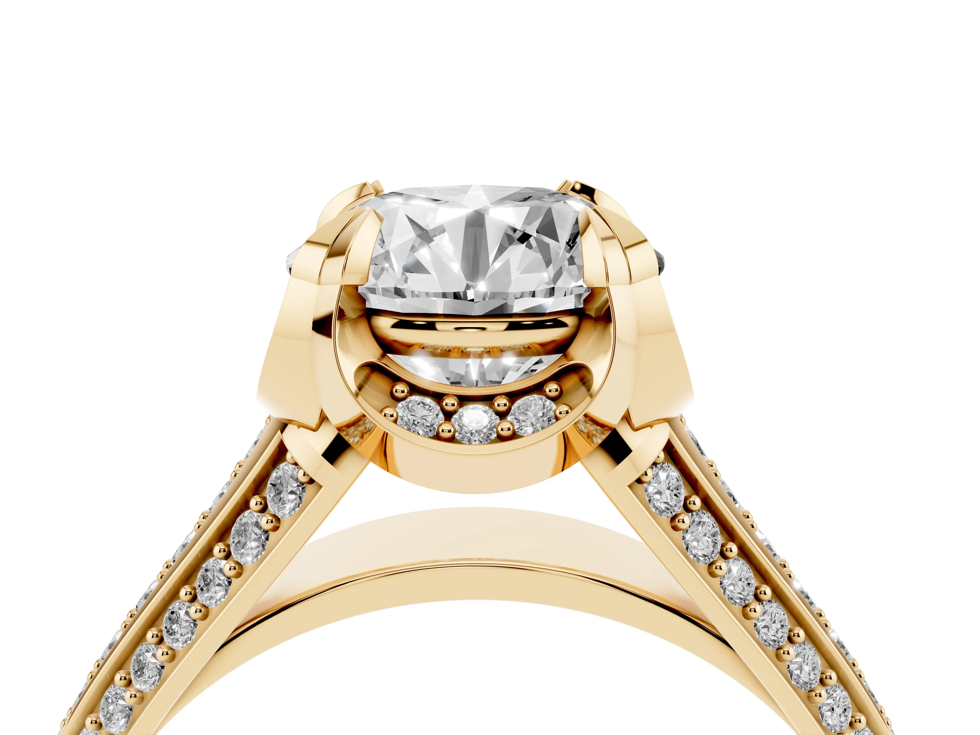 Round Cut Diamond Pavé Split Shank Solitaire Ring Set in Yellow gold with Prong Setting