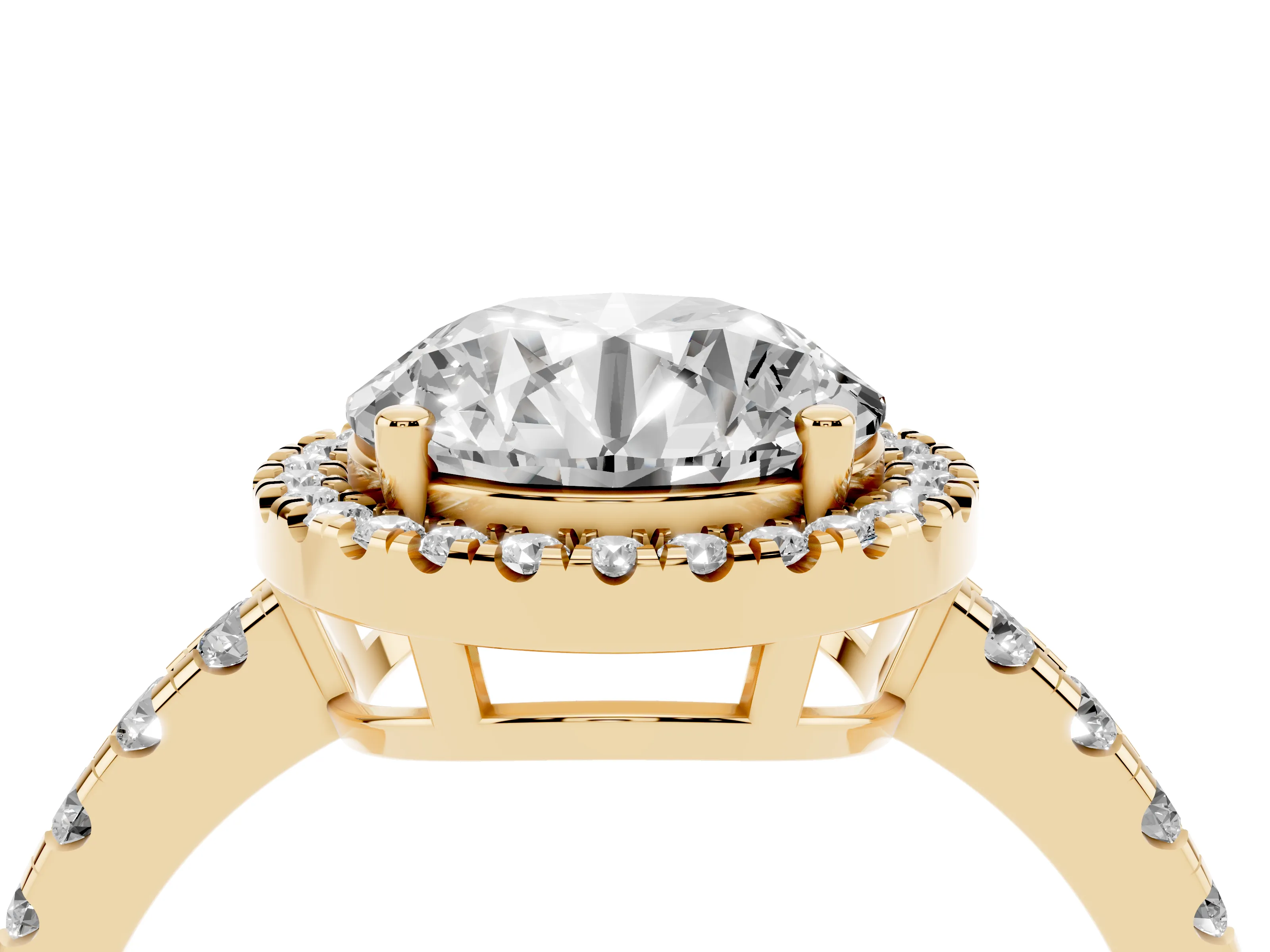 Round Cut Diamond Halo Ring Set in Yellow gold with Delicate Pavé Band and Prong Setting