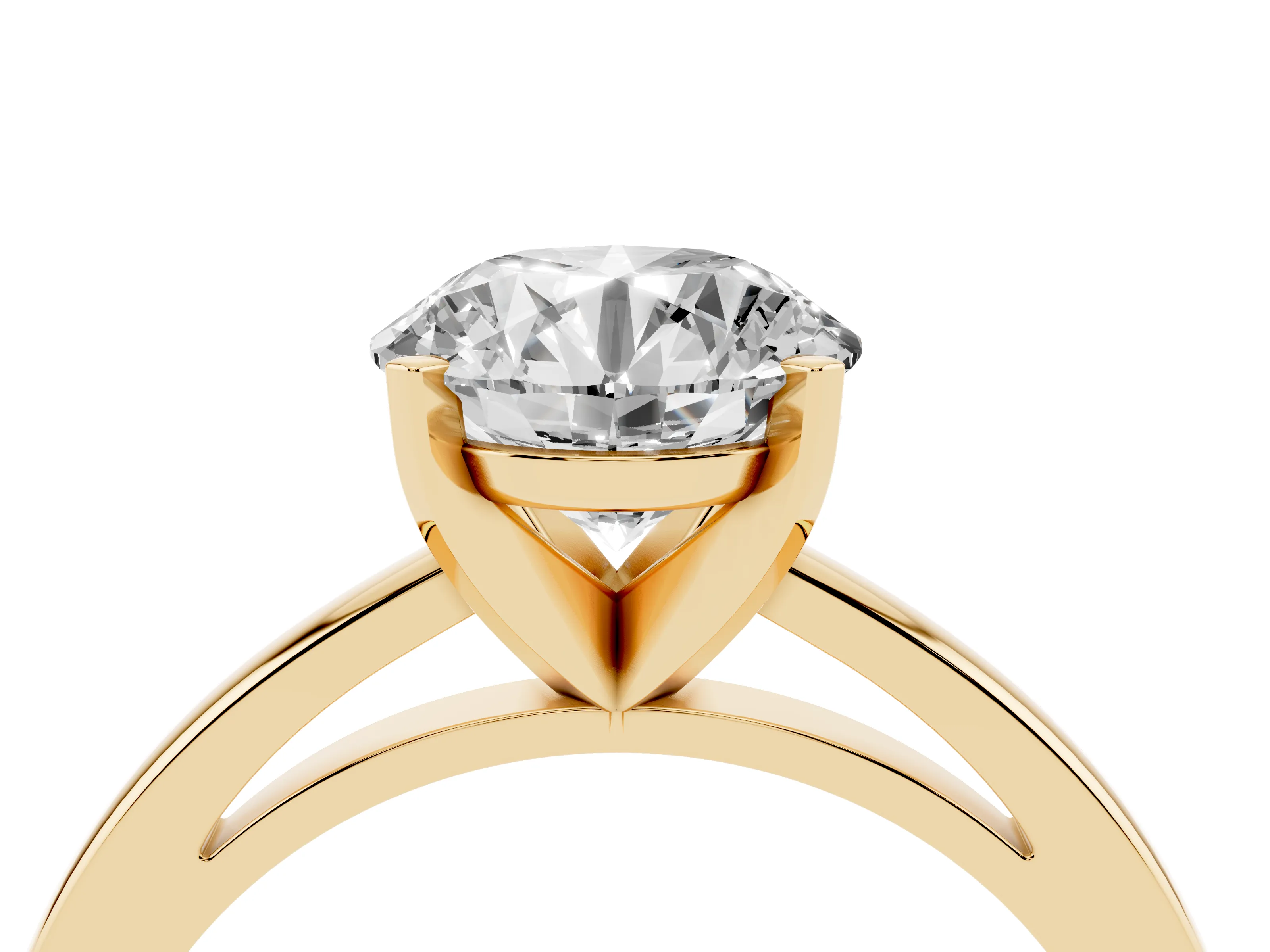 Round Cut Diamond Solitaire Engagement Ring Set in Yellow gold with Prong Setting on a Classic Band
