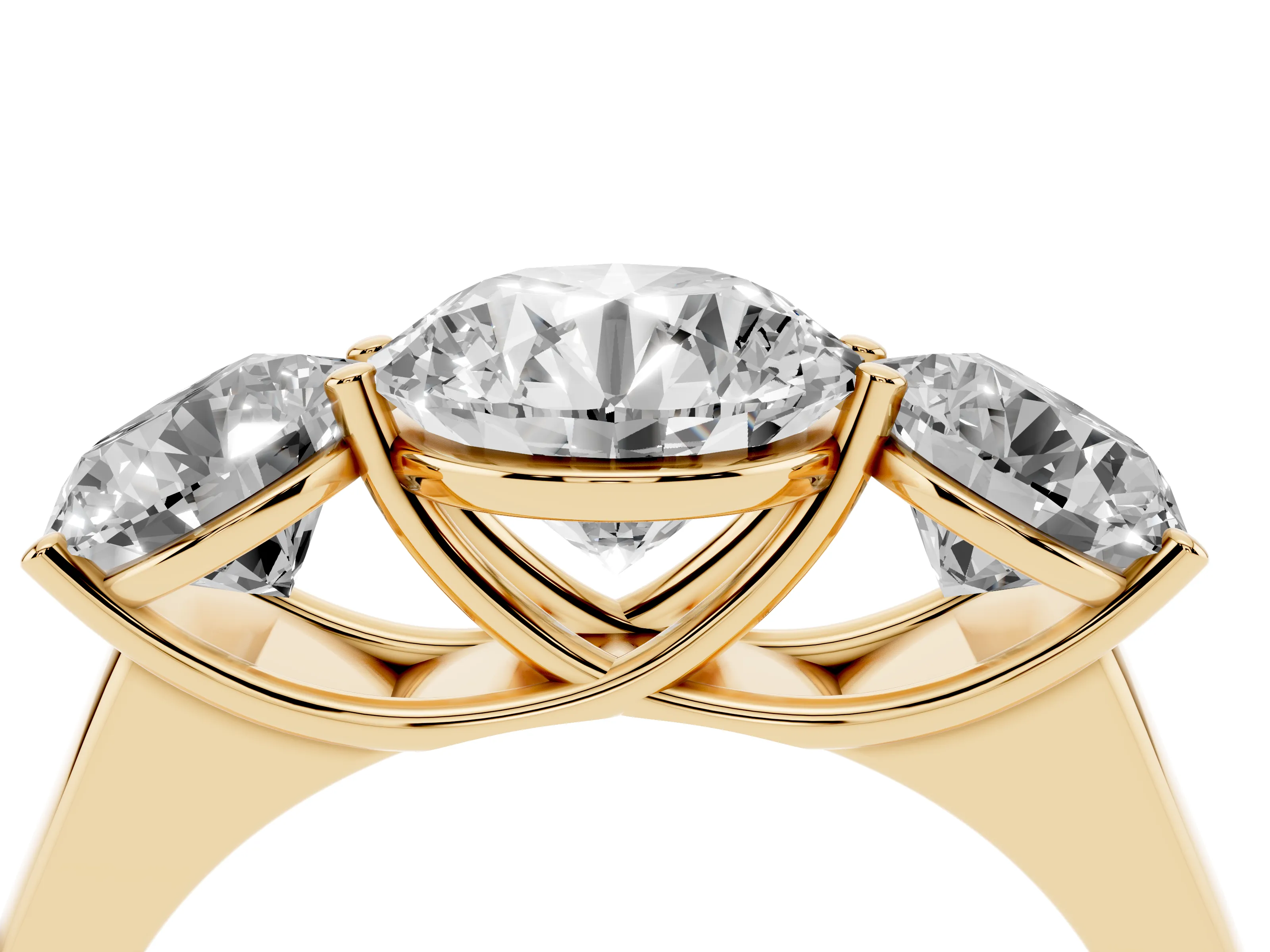 Round Cut Diamond Three-Stone Ring Set in Yellow gold with Plain Polished Band