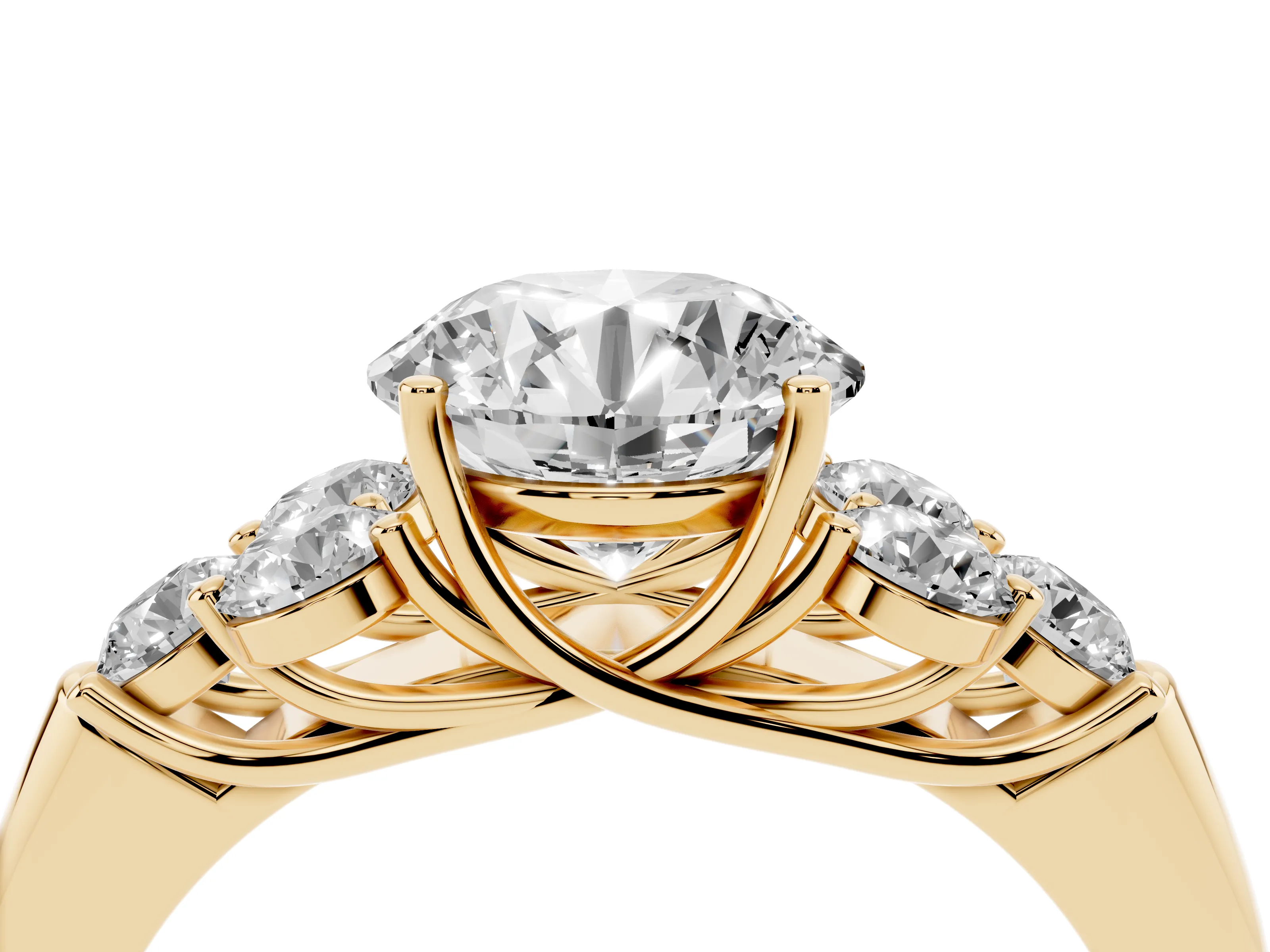 Round Cut Diamond Cluster Ring Set in Yellow gold with Round Accent Stones and Prong Setting on a Plain Band