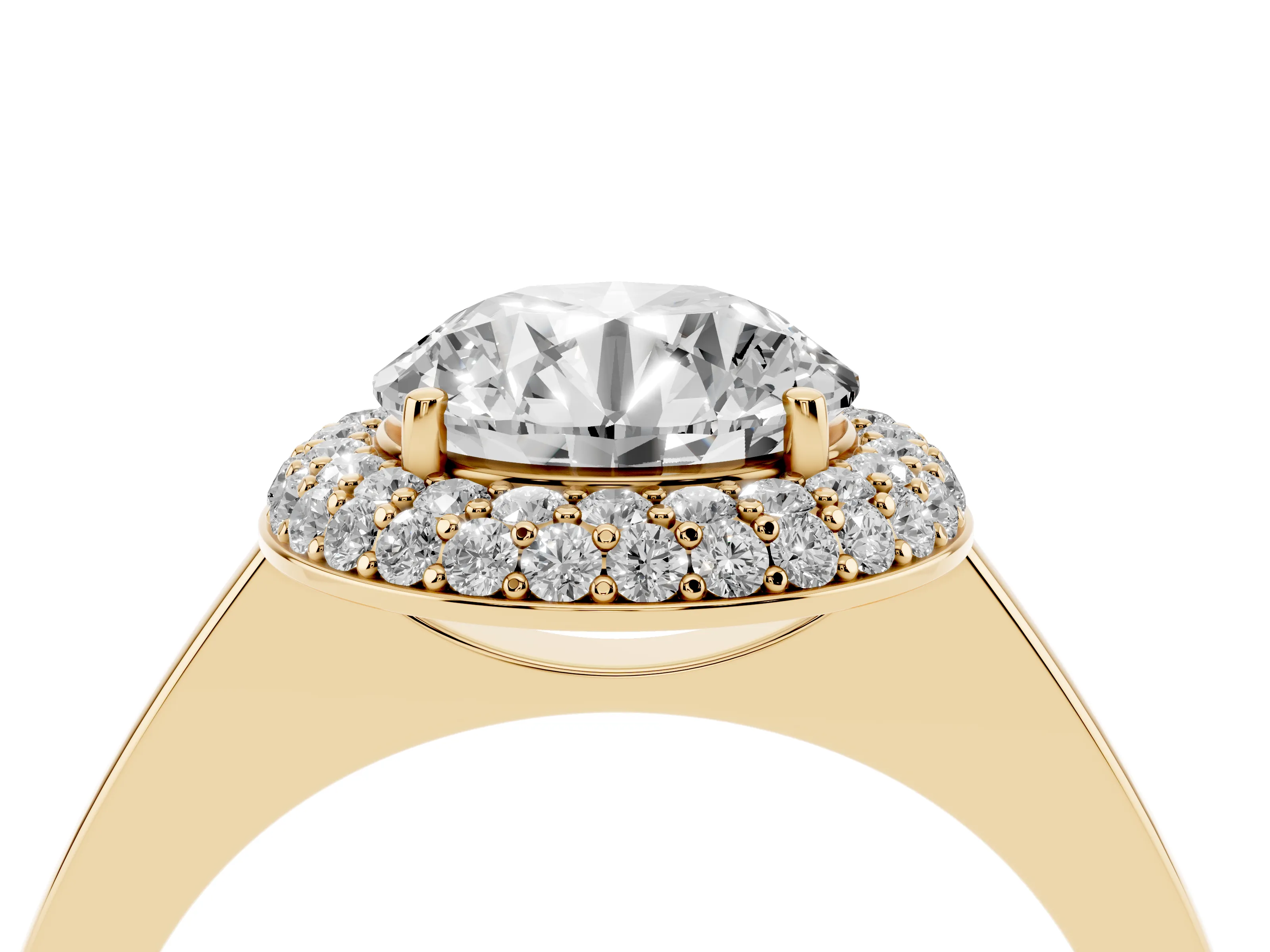 Round Cut Diamond Halo Engagement Ring Set in Yellow gold with Solitaire Band and Prong Setting