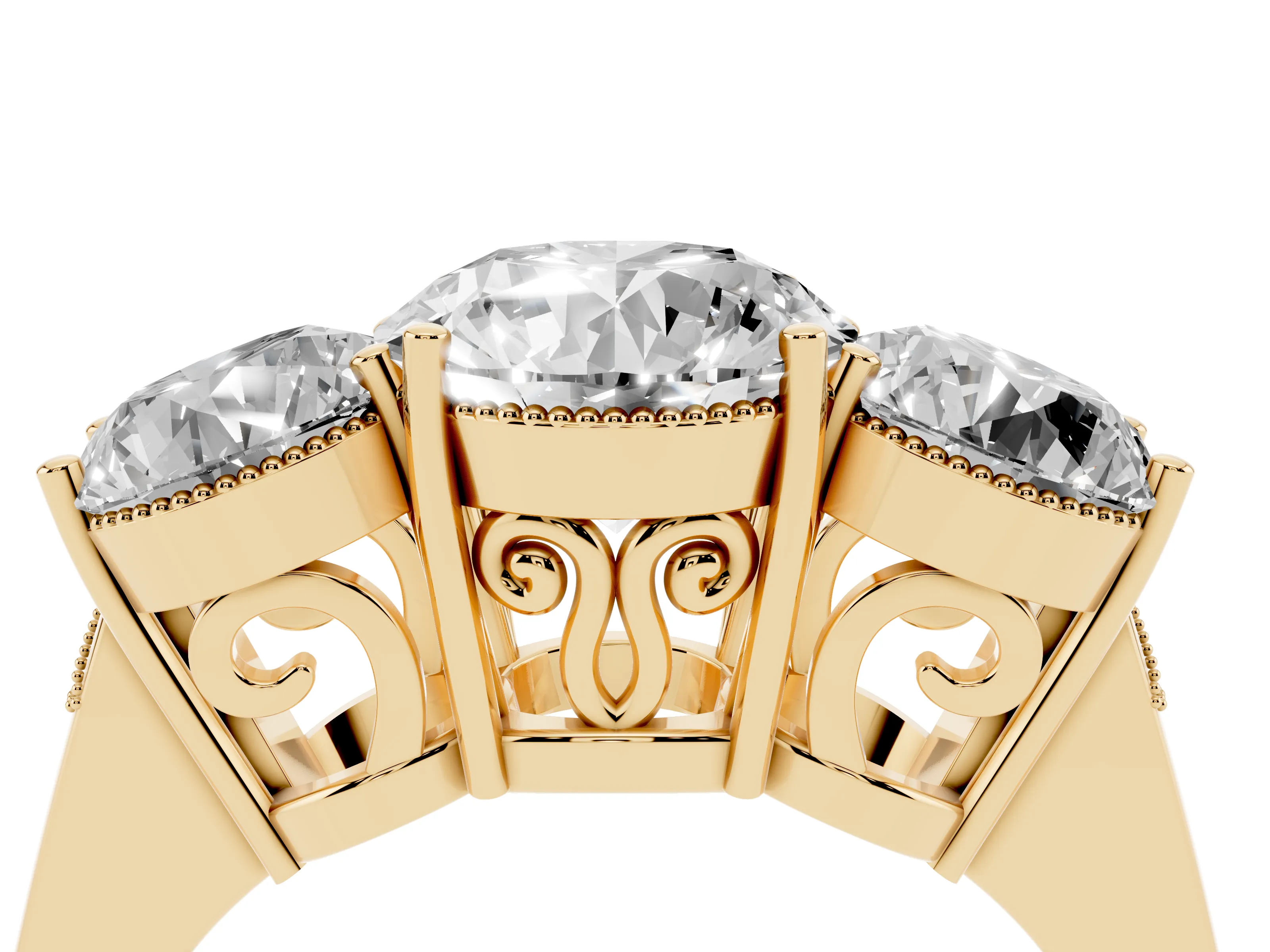 Round Cut Diamond Three-Stone Engagement Ring Set in Yellow gold with Polished Band
