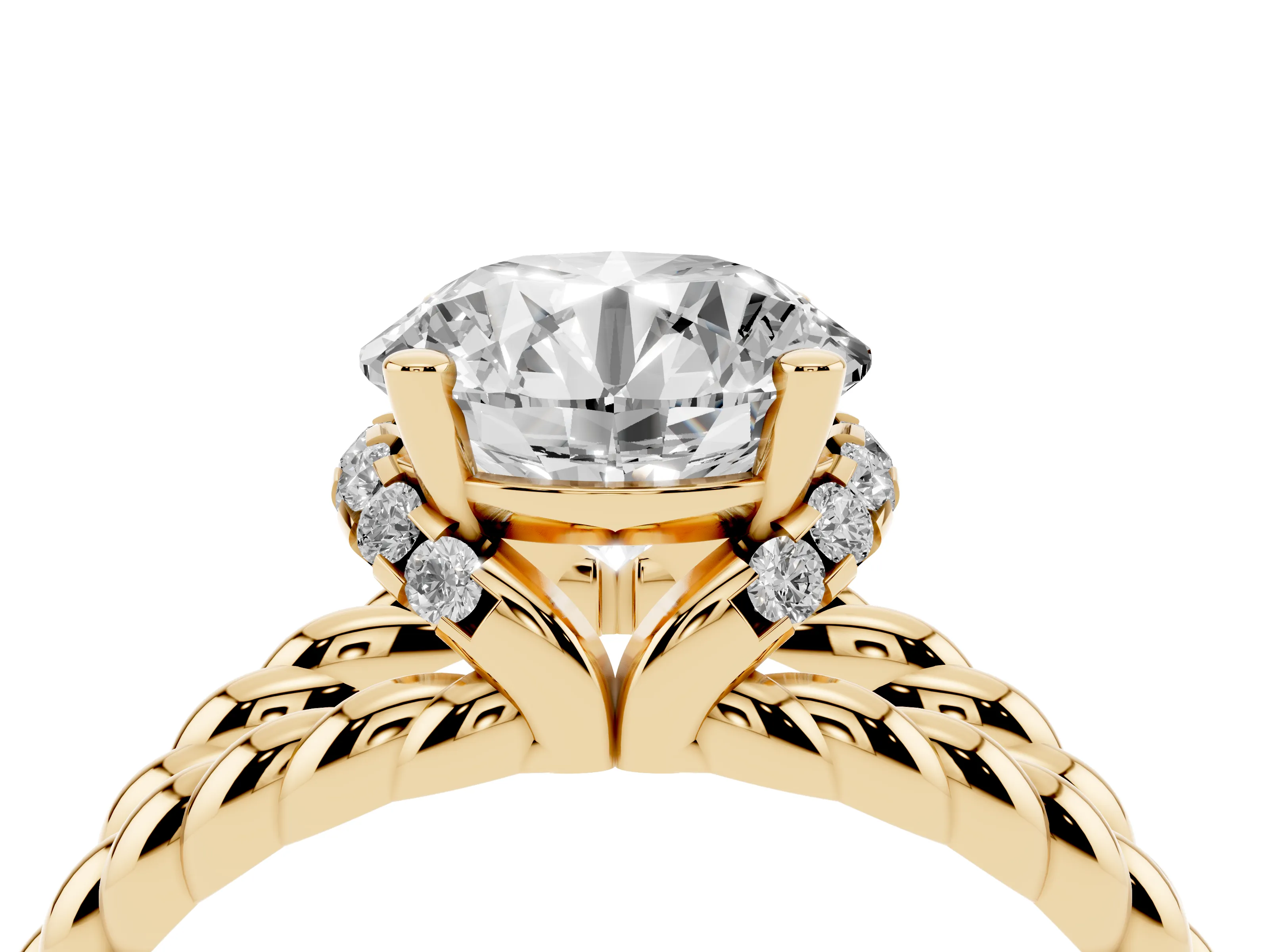 Round Cut Diamond Halo Ring Set in Yellow gold with Twisted Band and Prong Setting