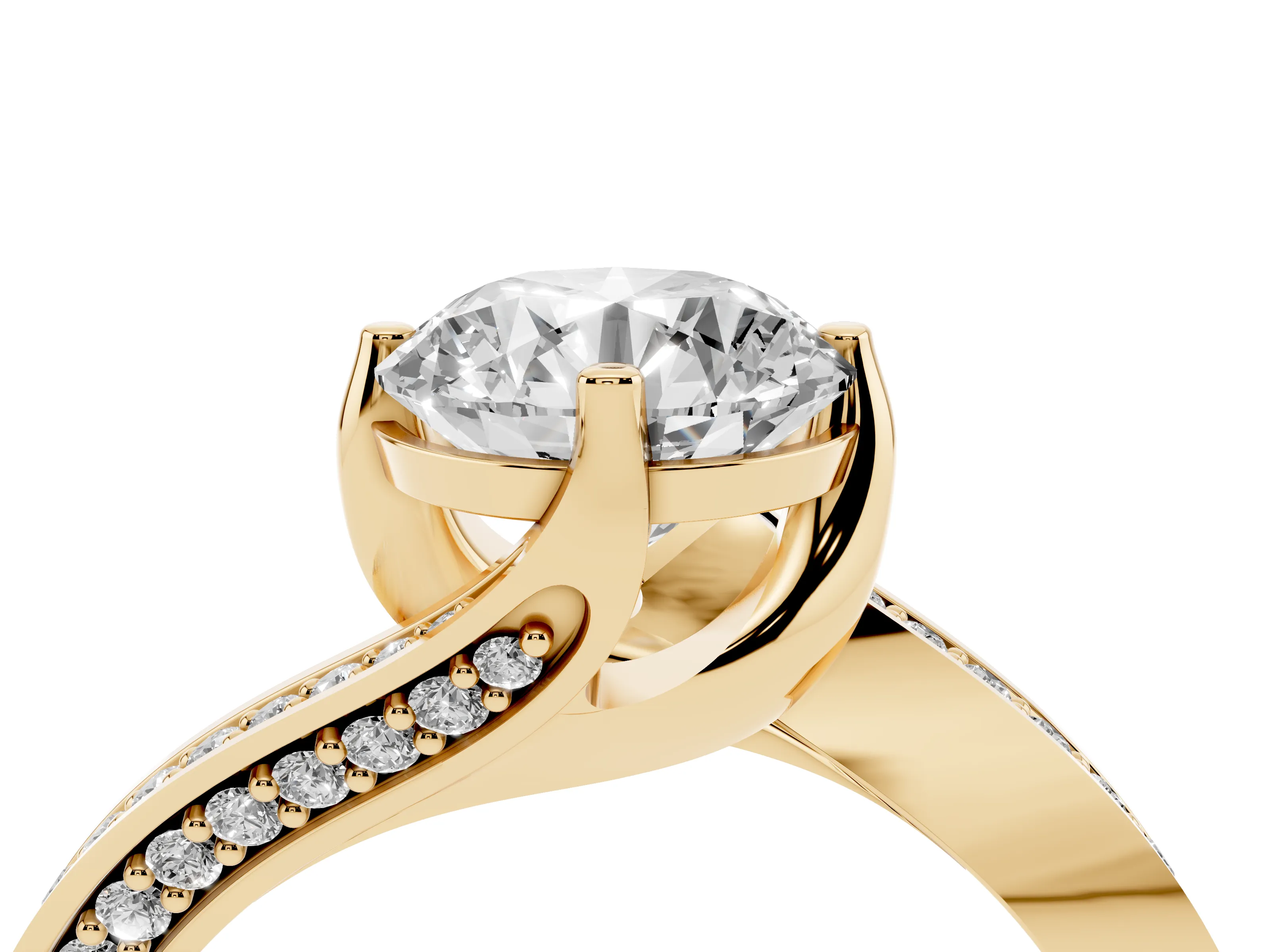 Round Cut Diamond Solitaire Ring Set in Yellow gold with Intertwined Pavé Twist Band