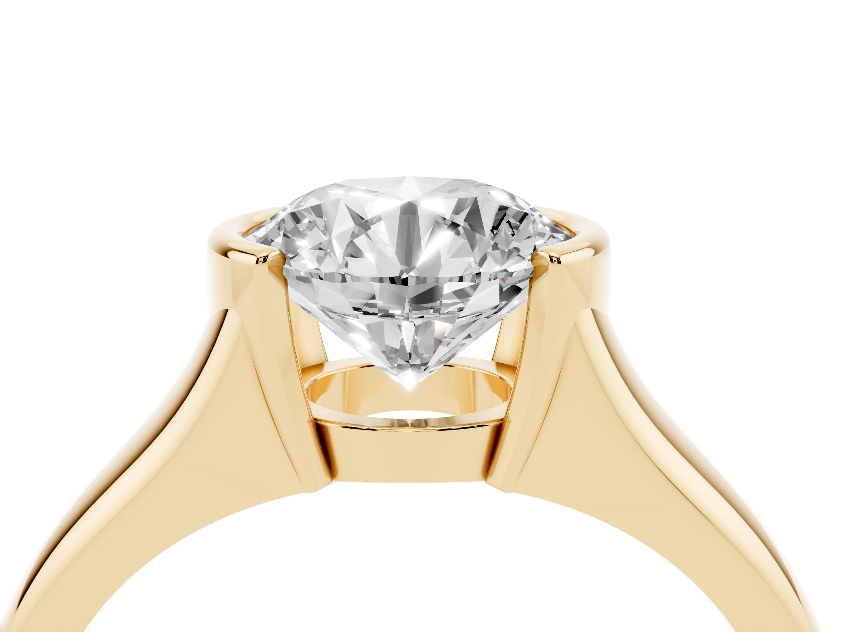 Round Cut Diamond Solitaire Tension Set Ring Set in Yellow gold with Split Shank Band