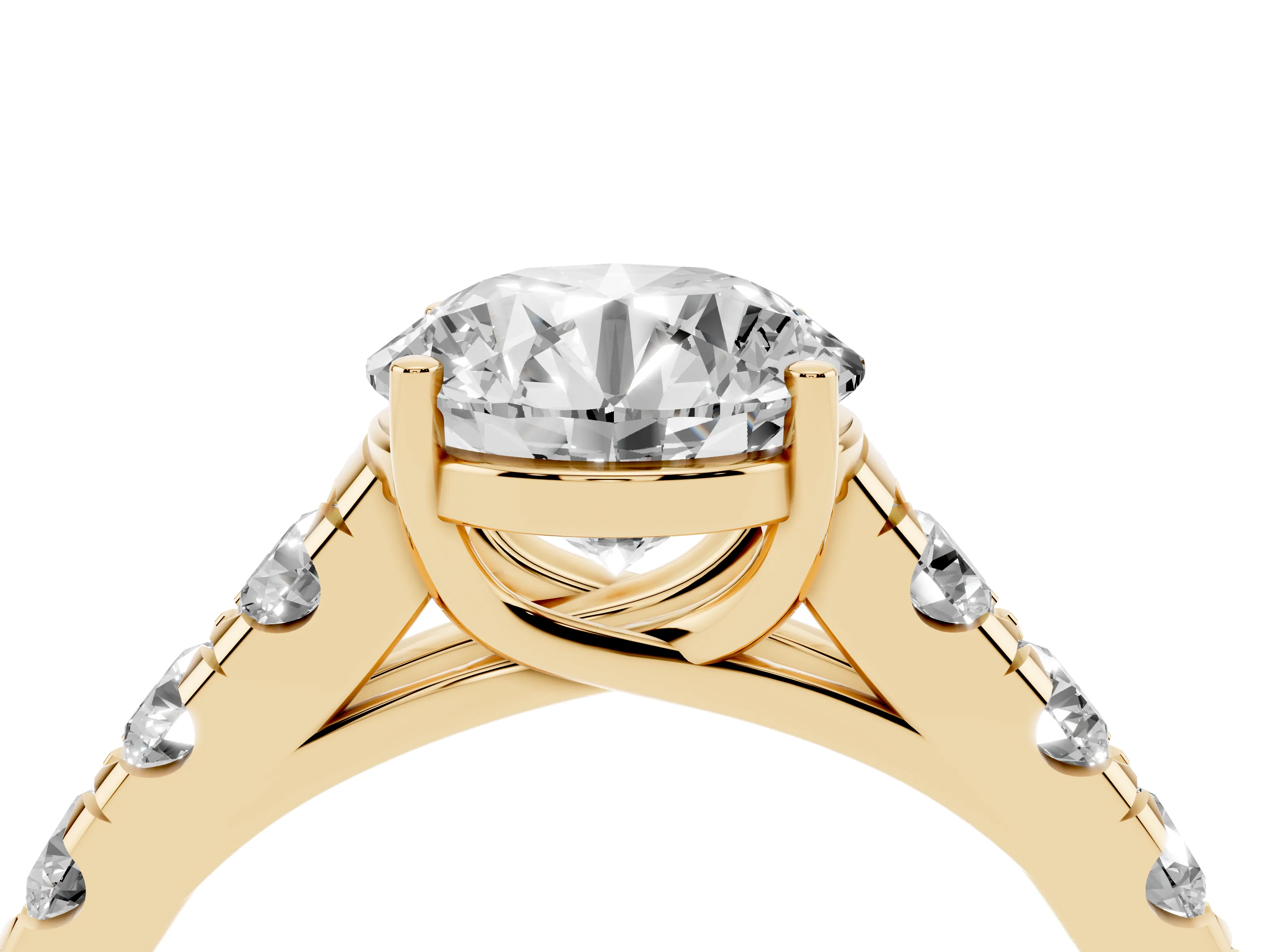 Round Cut Diamond Solitaire Ring Set in Yellow gold with Cut-Down Micro Pavé Band and Prong Setting