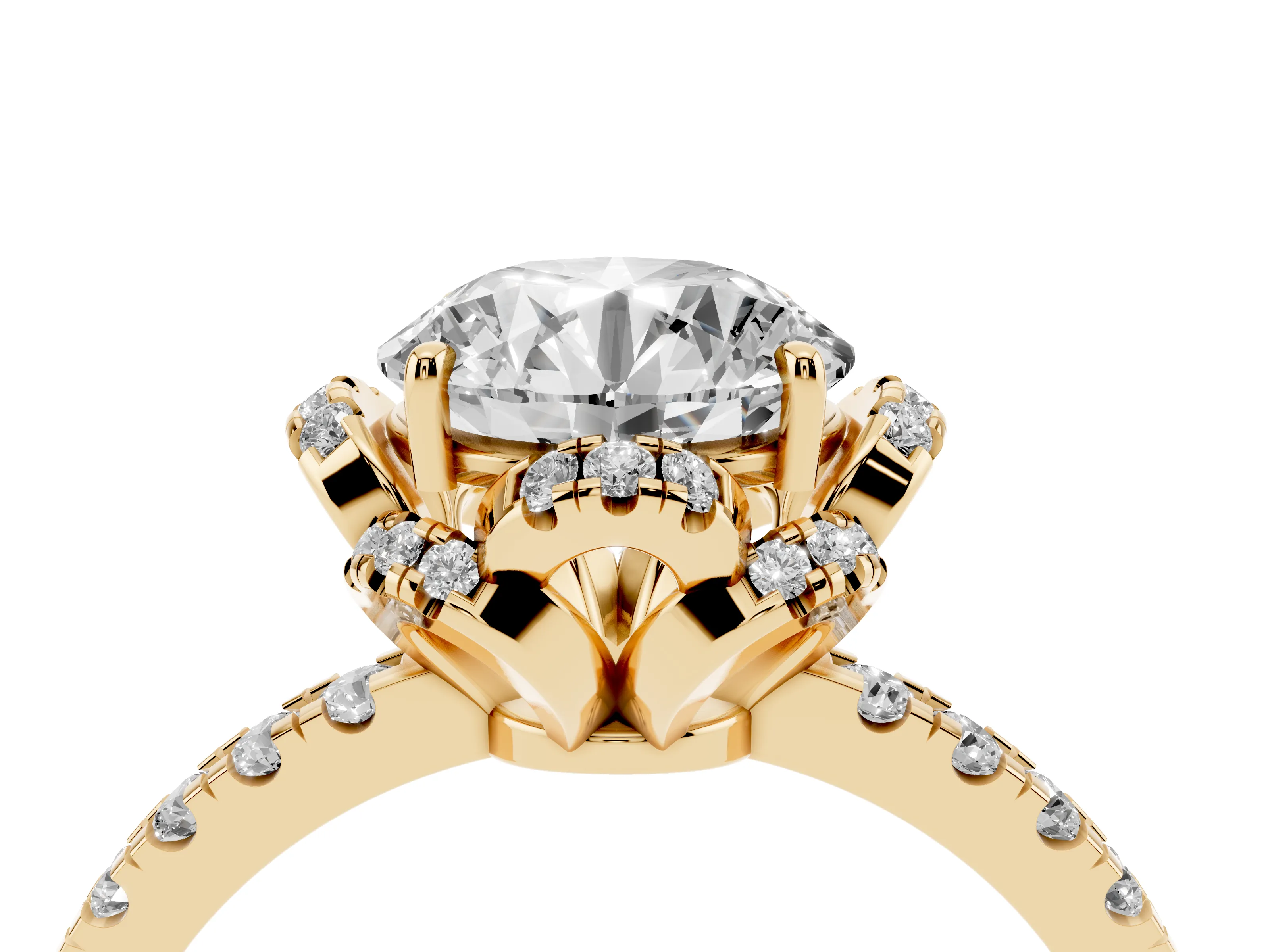 Round Cut Diamond Halo Pavé Band Ring Set in Yellow gold with Prong-Held Center