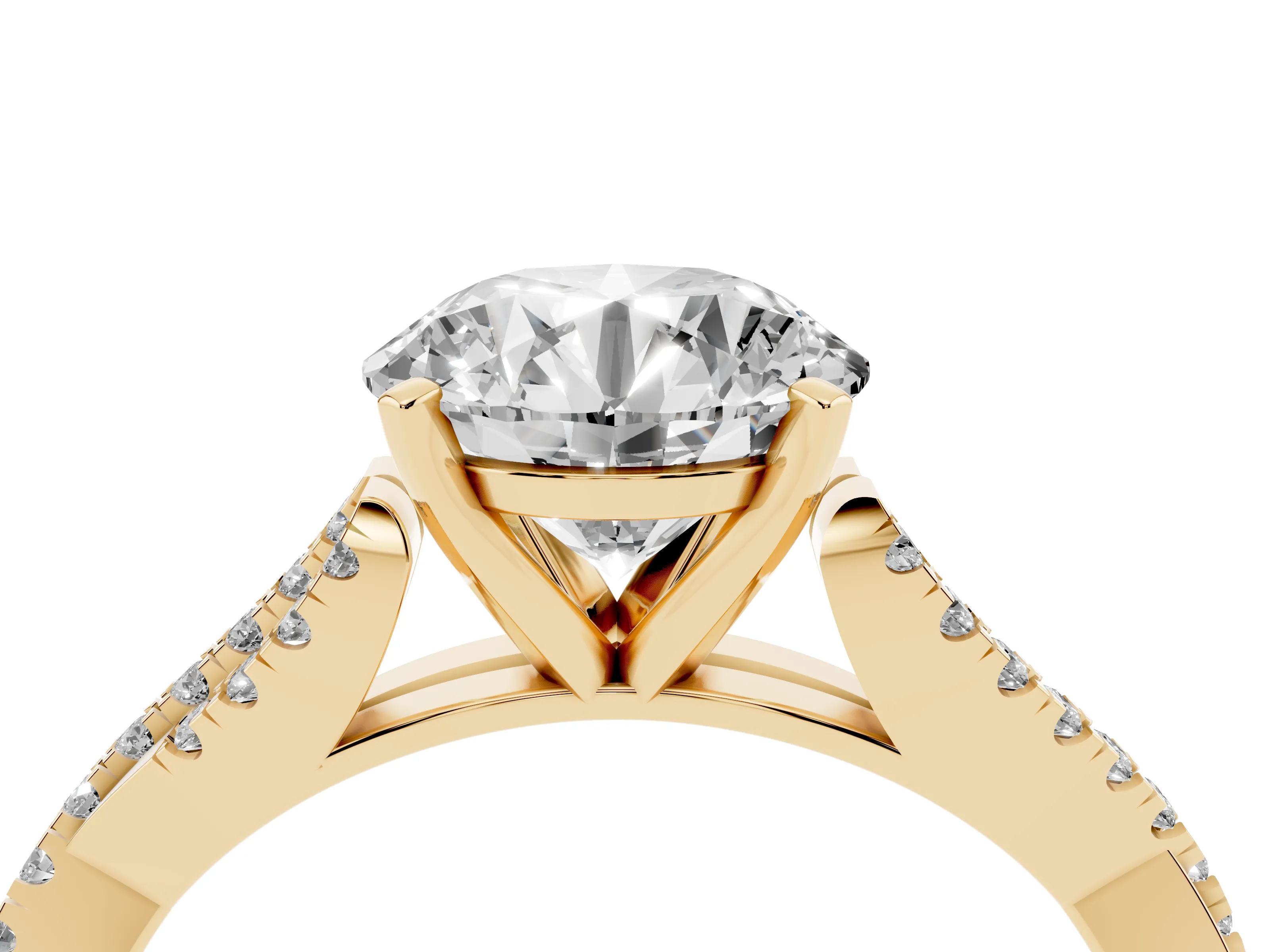 Round Cut Diamond Solitaire Engagement Ring Set in Yellow gold with Twisted Pavé Band and Prong Setting
