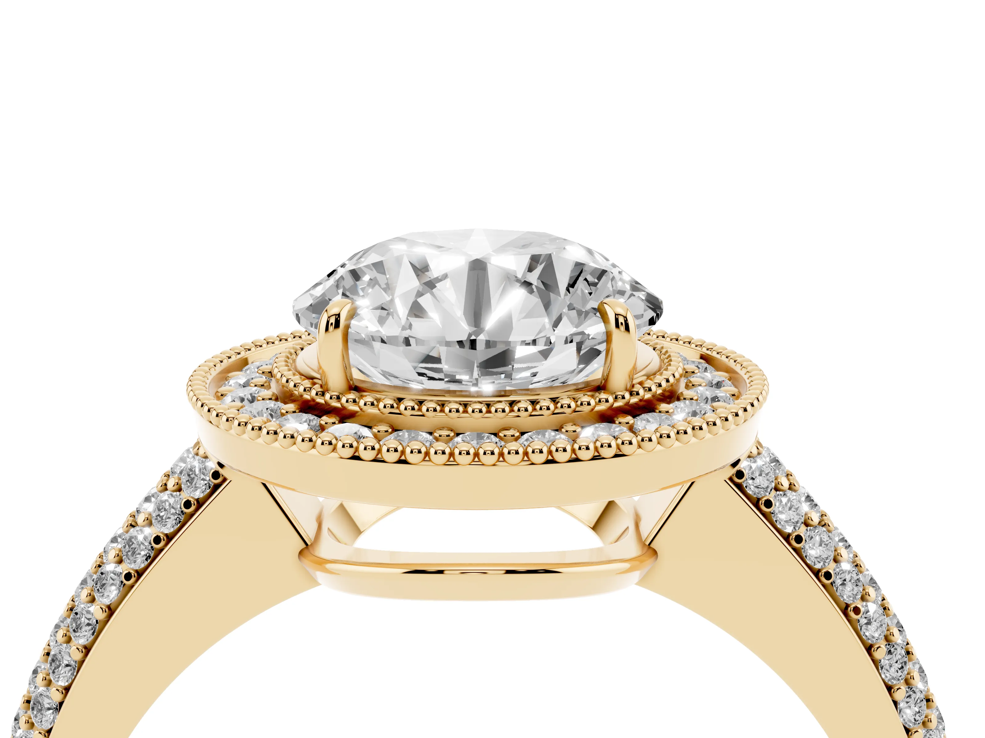 Round Cut Diamond Halo Pavé Band Set in Yellow gold with Prong Setting