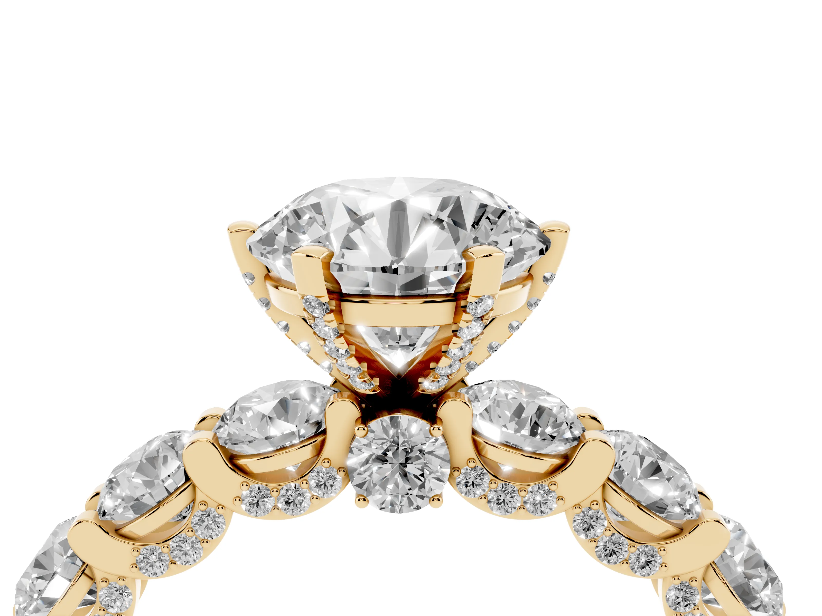 Round Cut Diamond Side Stone Ring Set in Yellow gold with Alternating Round and Oval Side Stones