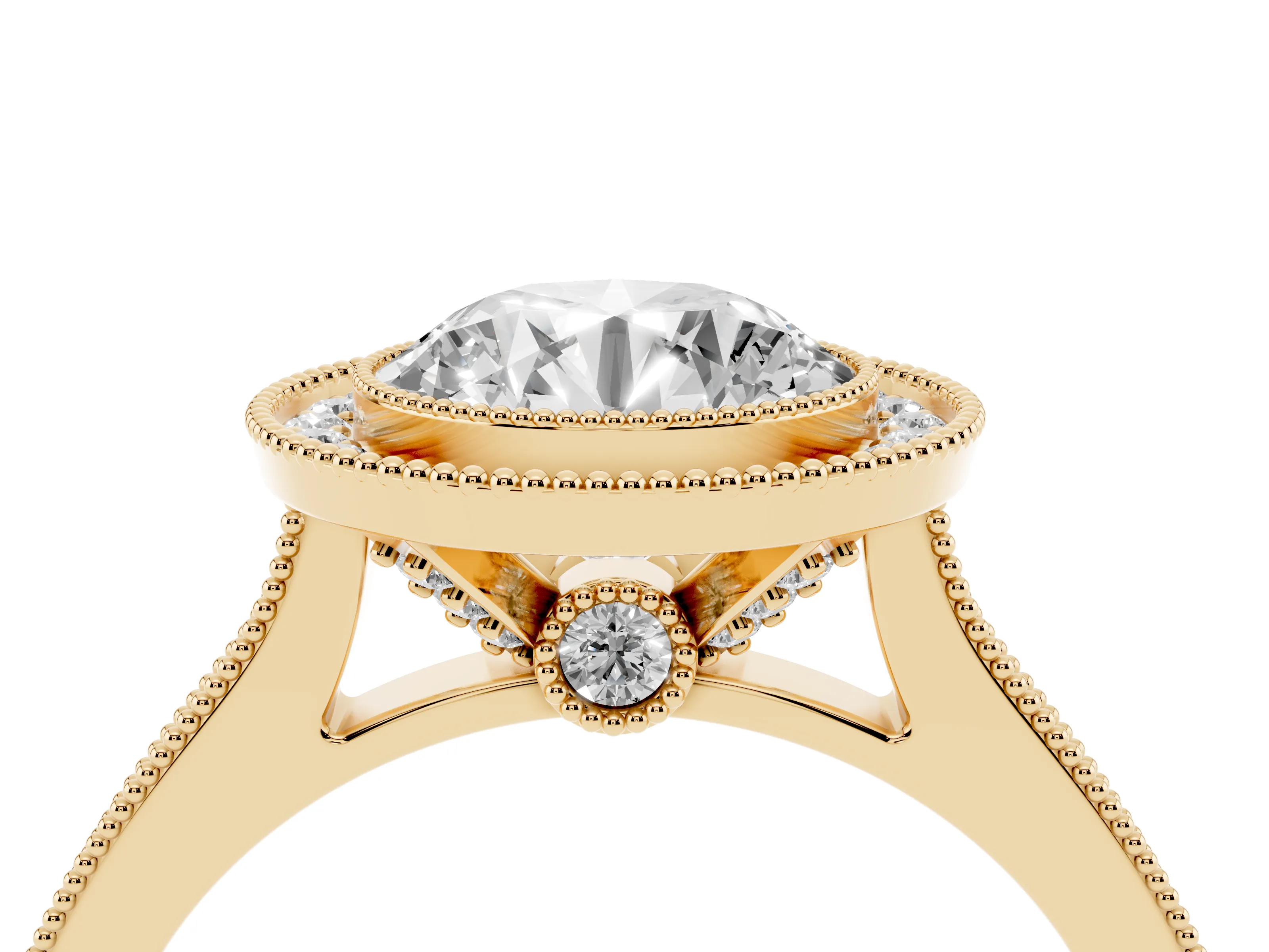 Round Cut Diamond Halo Milgrain Pavé Band Ring Set in Yellow gold with Prong Setting