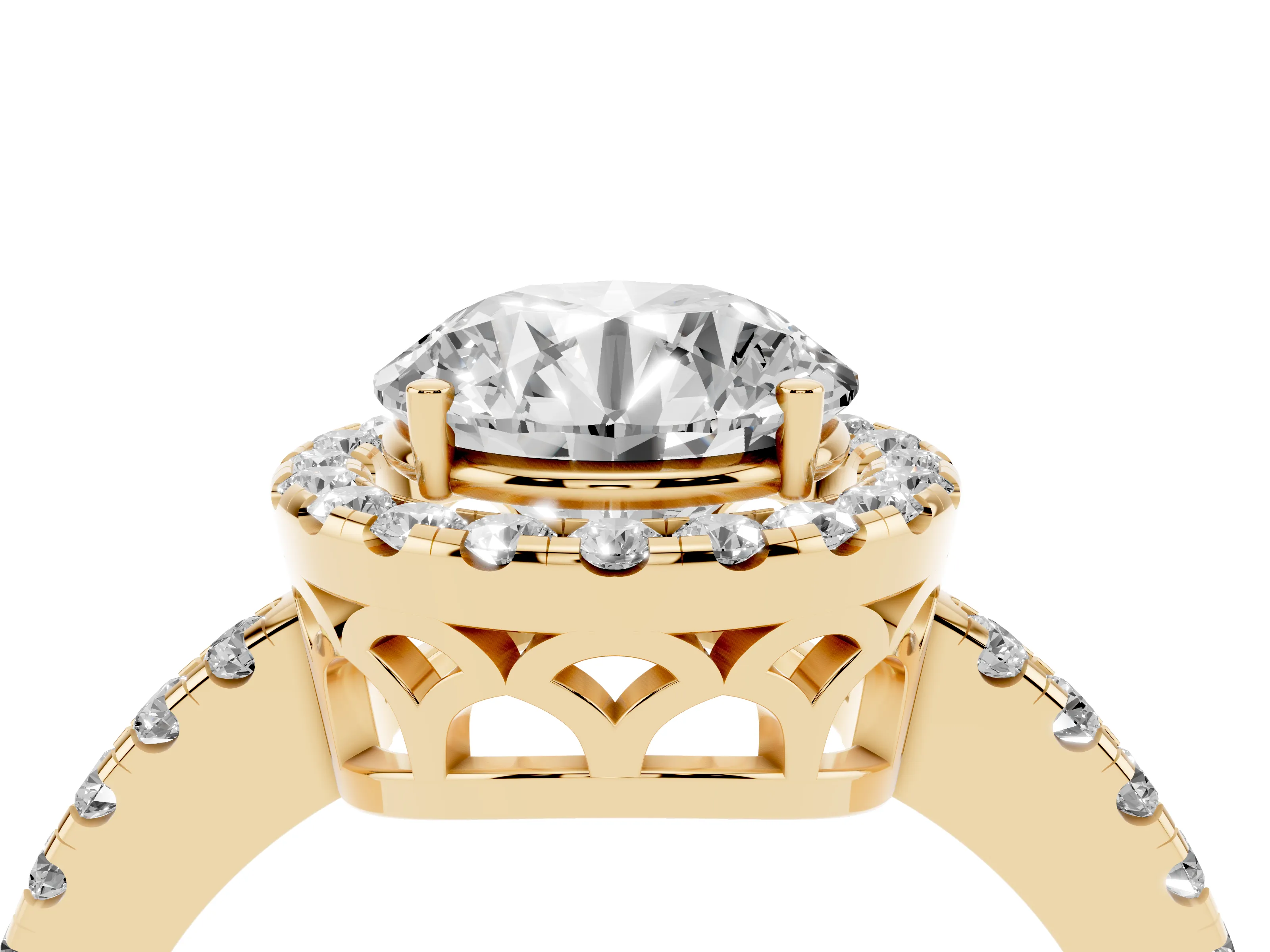 Round Cut Diamond Pavé Band Halo Engagement Ring Set in Yellow gold with Prong Setting