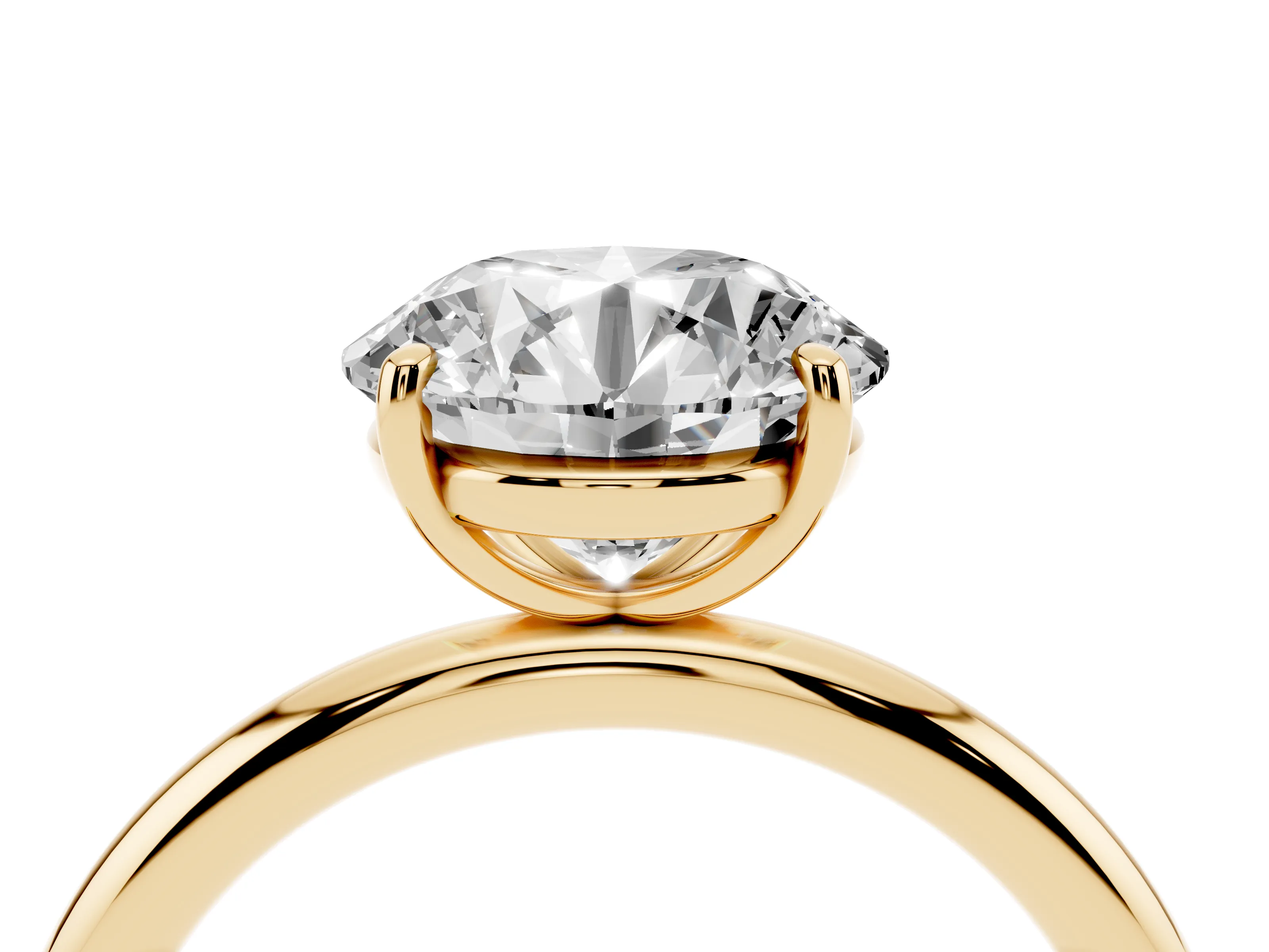 Round Cut Diamond Solitaire Ring Set in Yellow gold with Prong Setting on a Polished Plain Band