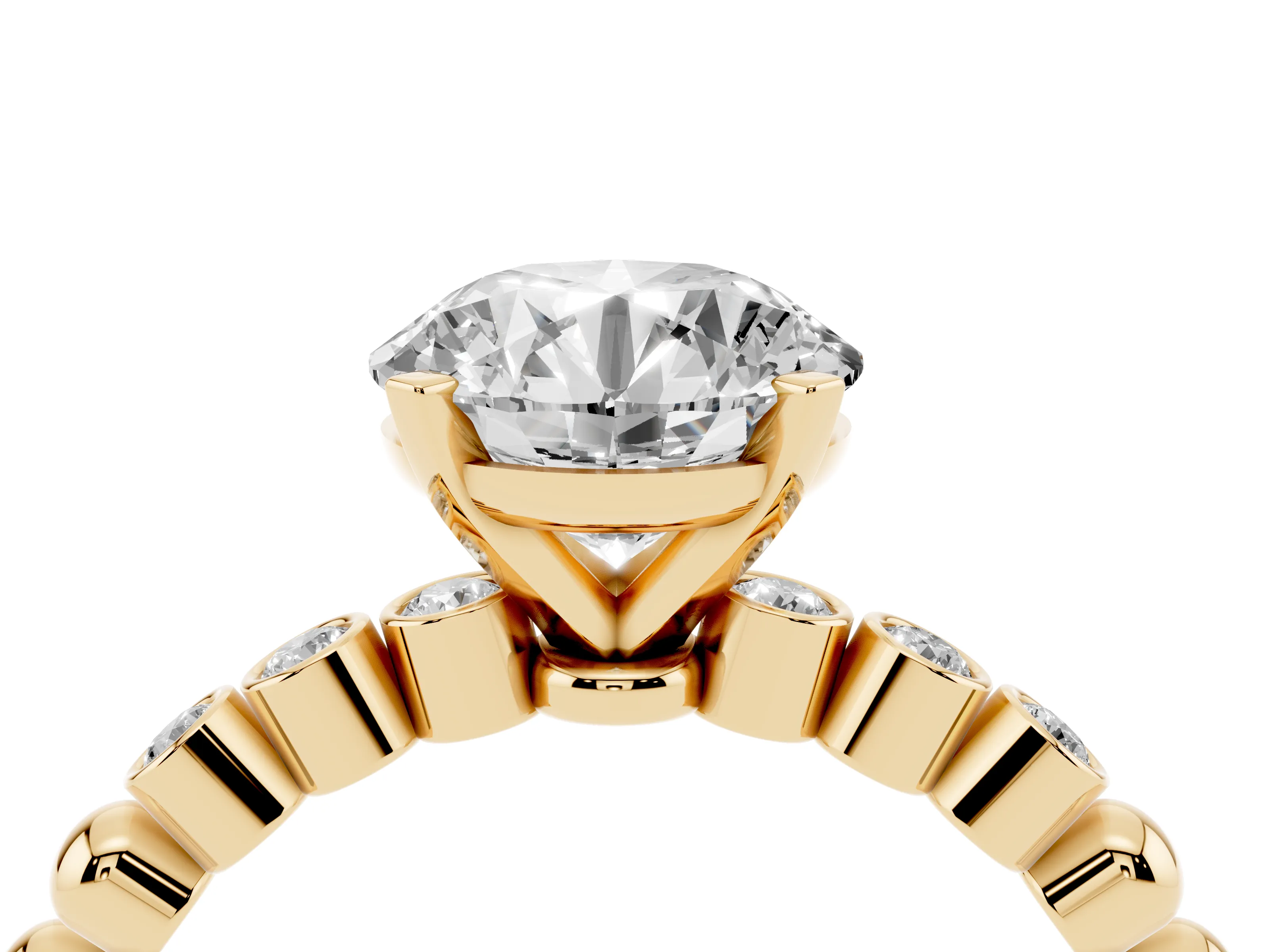 Round Cut Diamond Solitaire Engagement Ring Set in Yellow gold with Bezel Accents on Beaded Band