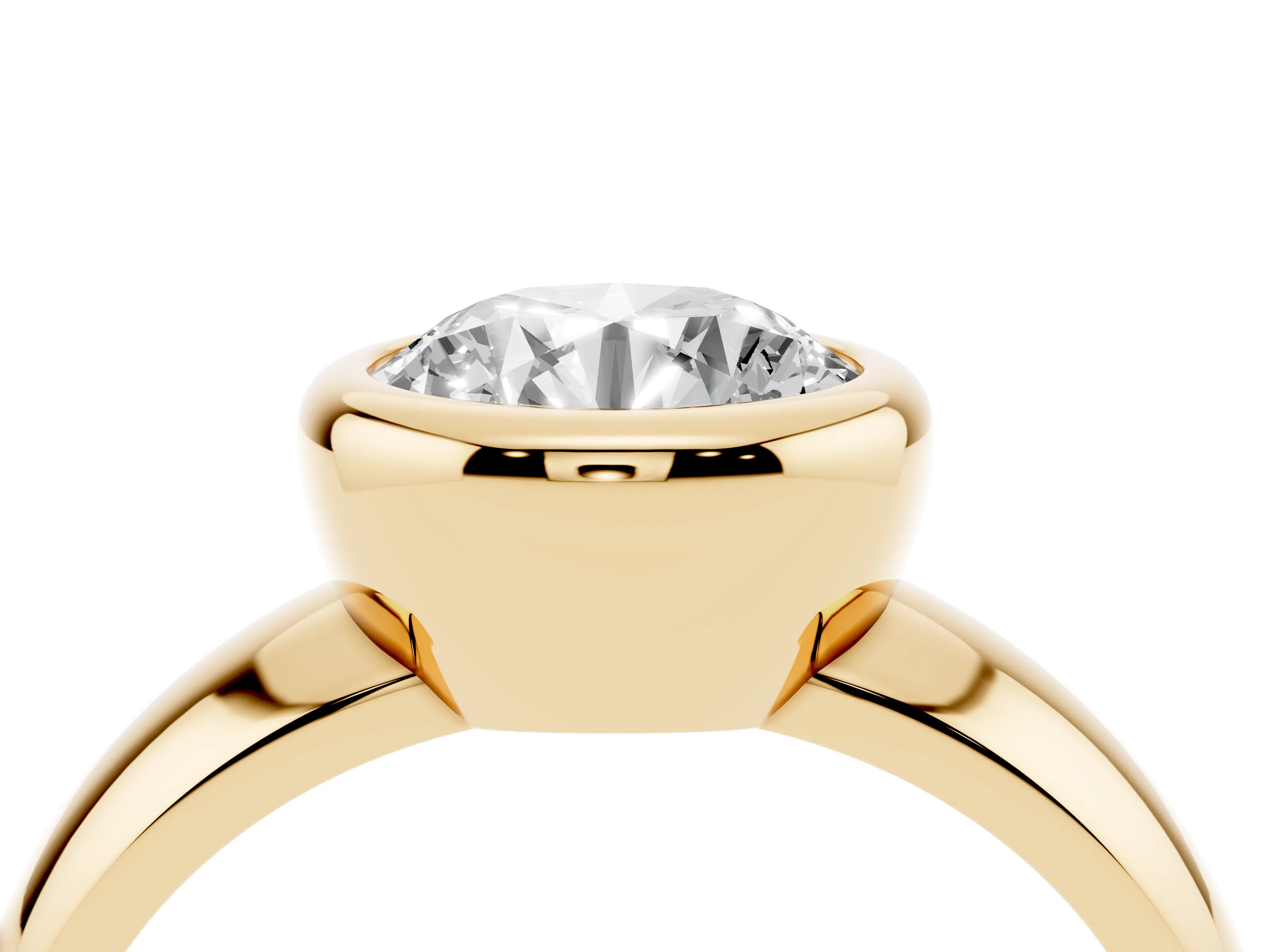 Bezel Set Round Cut Diamond Solitaire Ring Set in Yellow gold with Wide Band