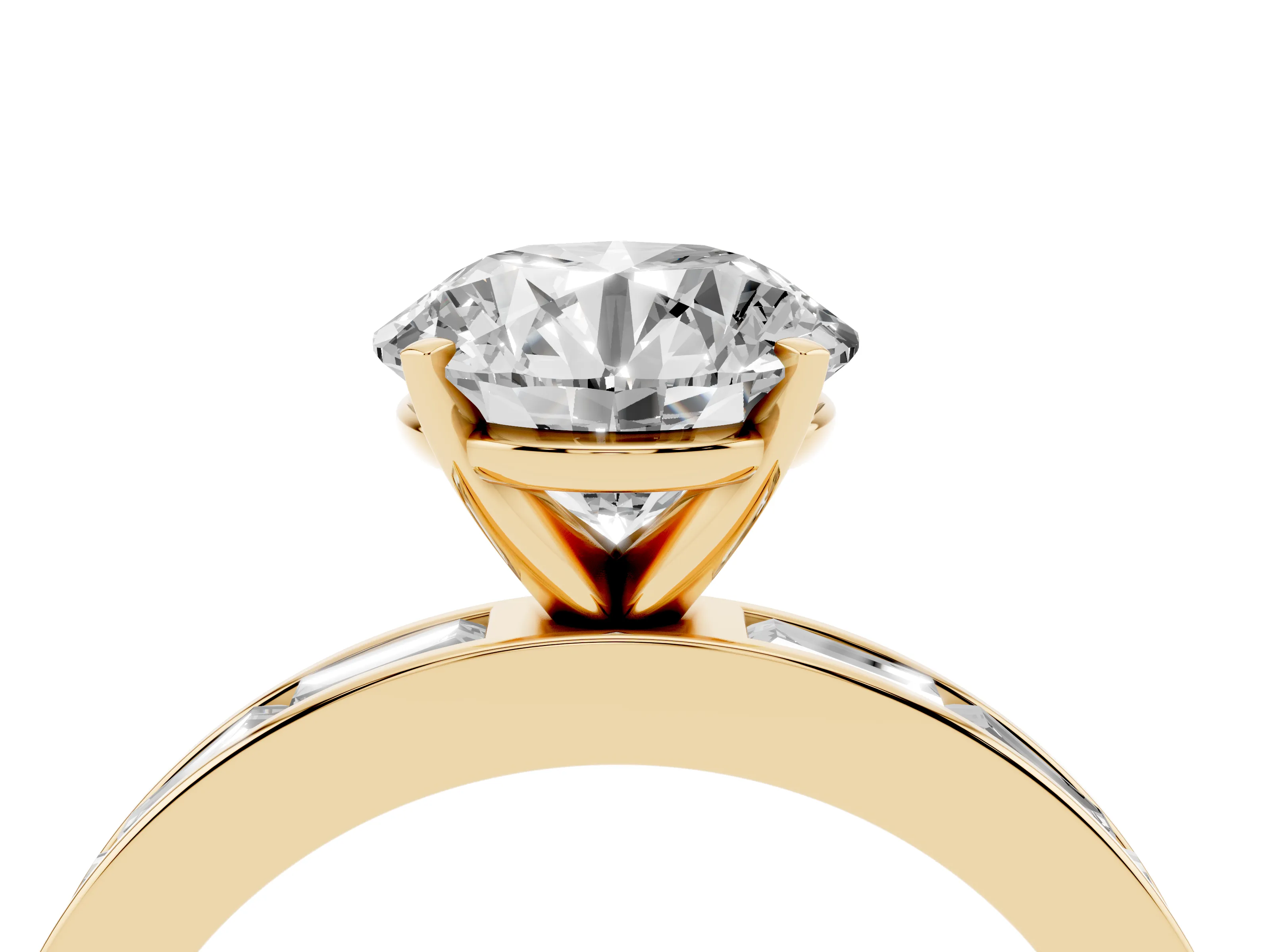 Round Cut Diamond Solitaire Ring Set in Yellow gold with Channel-Set Baguette Band and Prong Setting