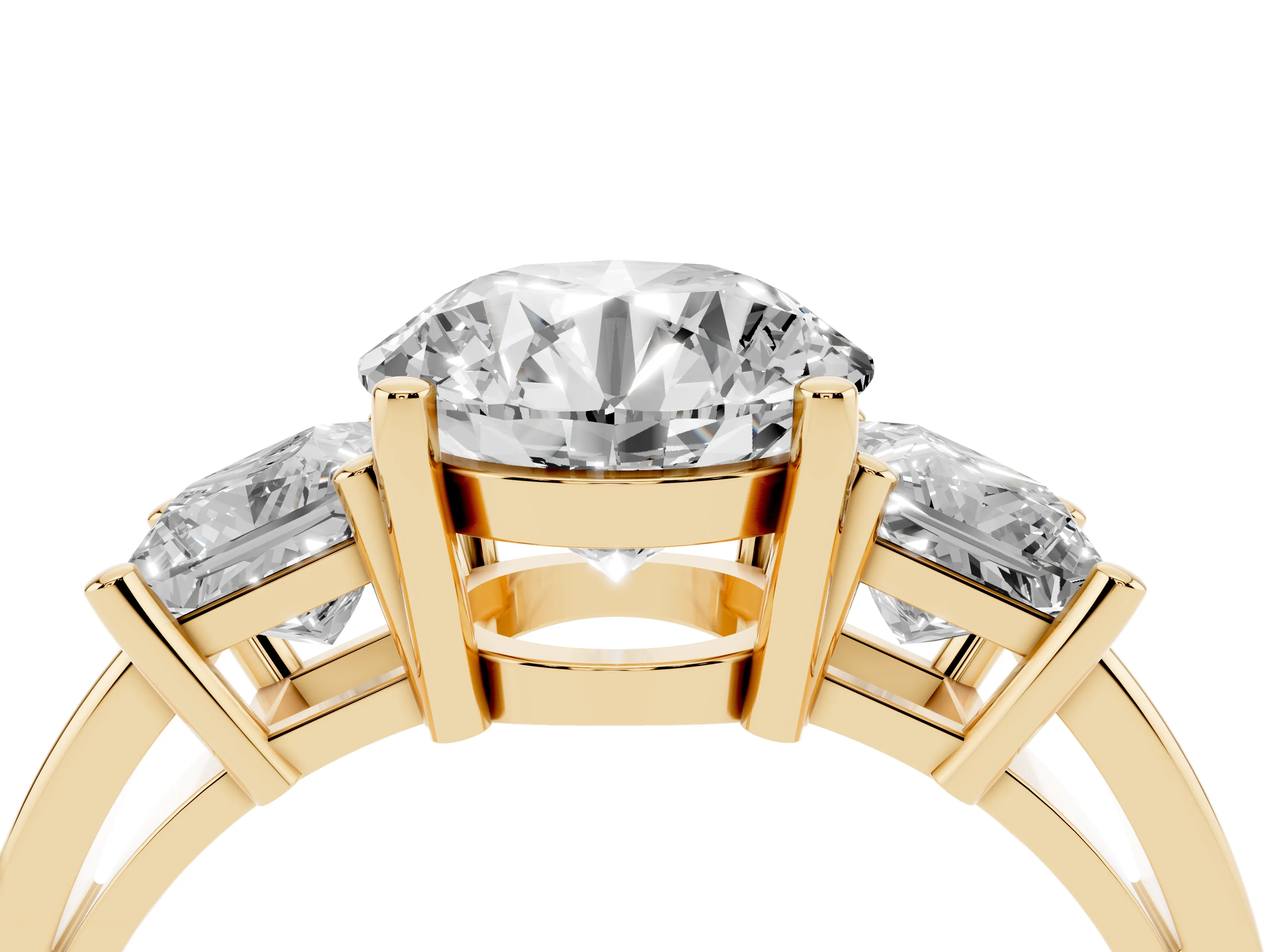 Three-Stone Round Cut Diamond Solitaire Ring Set in Yellow gold with Prong Setting
