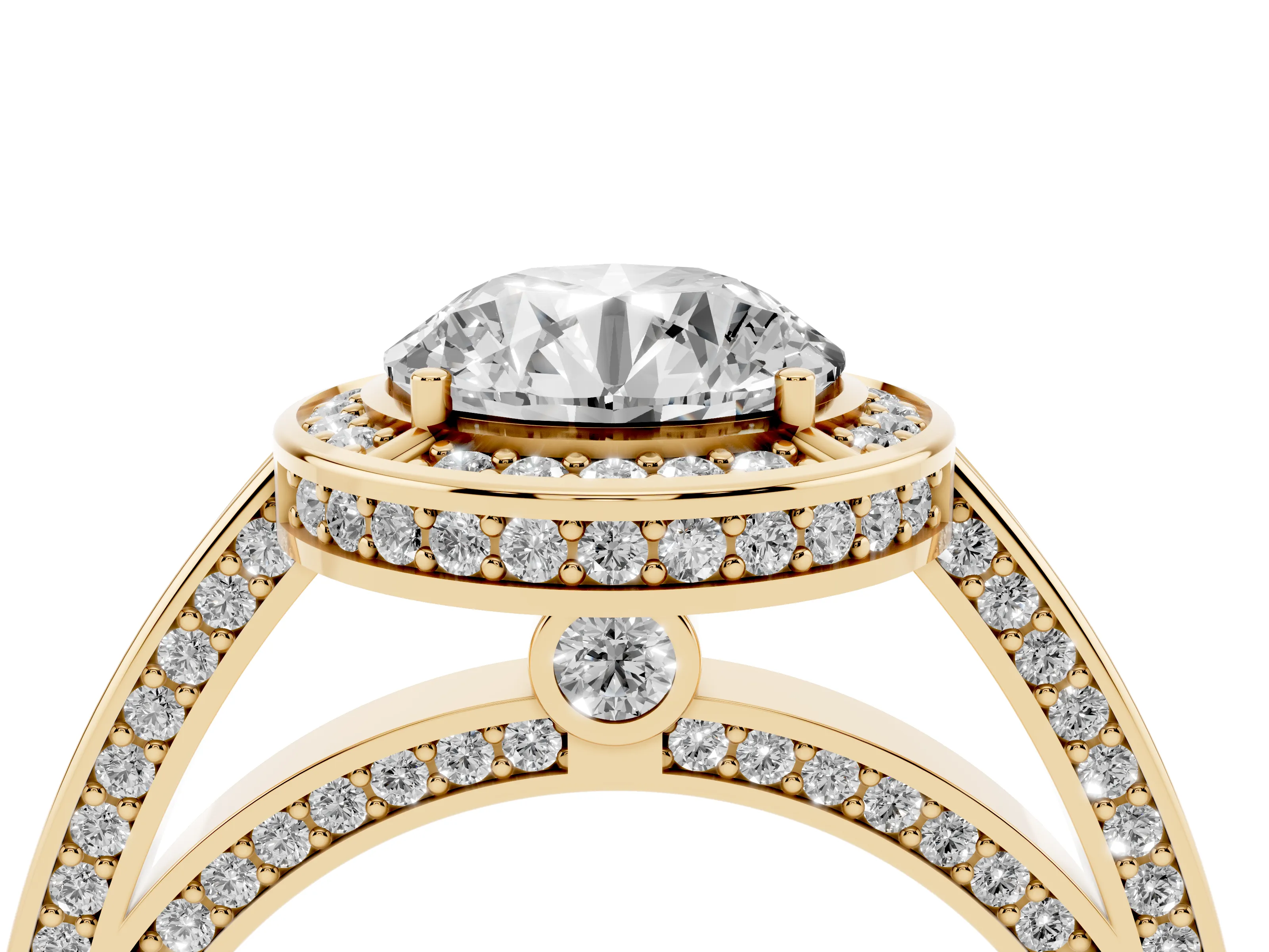 Round Cut Diamond Halo Pavé Split Shank Ring Set in Yellow gold with Prong Setting