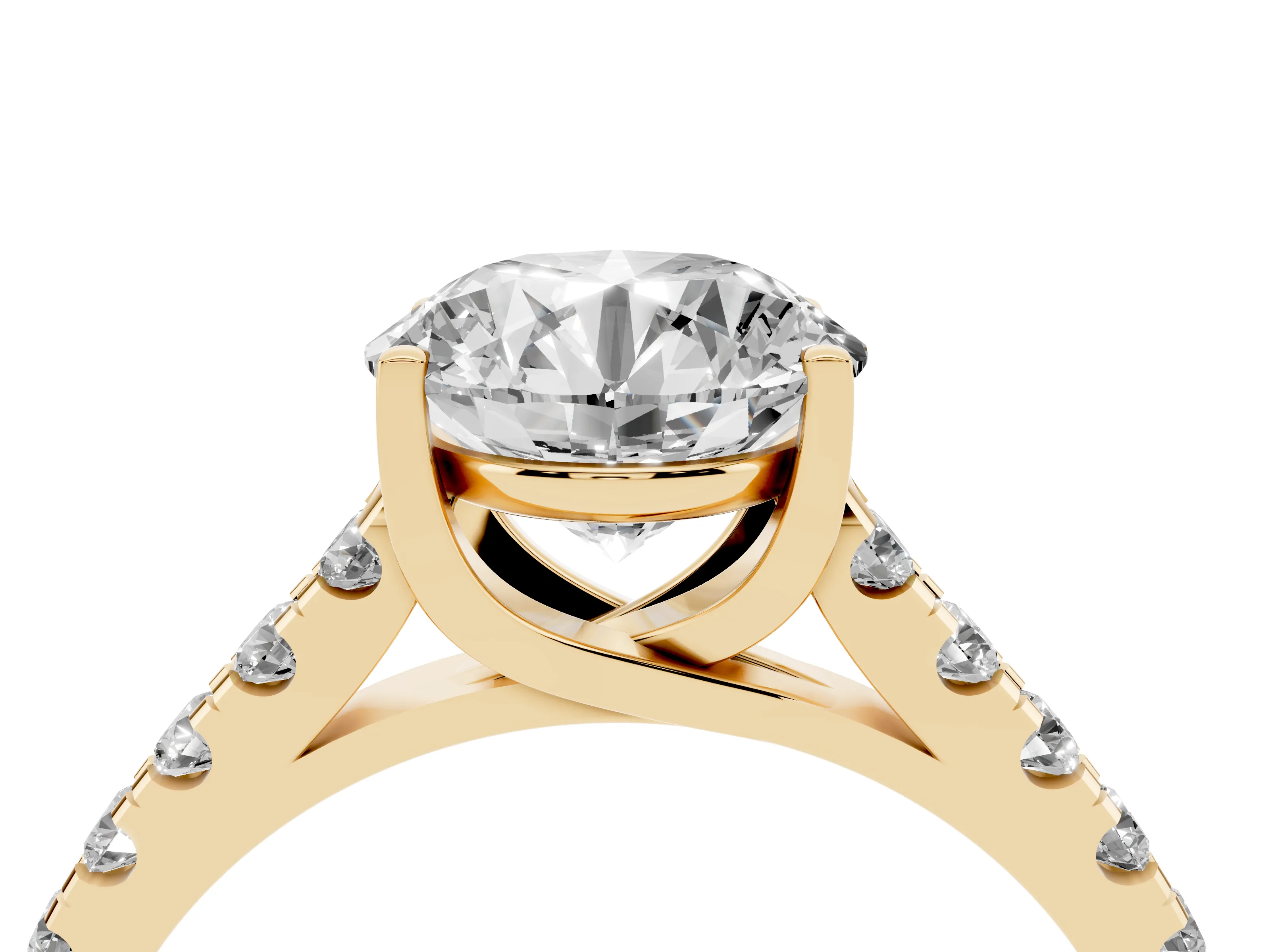 Round Cut Diamond Pavé Band Solitaire Ring Set in Yellow gold with Partway Accent Stones and Prong Setting
