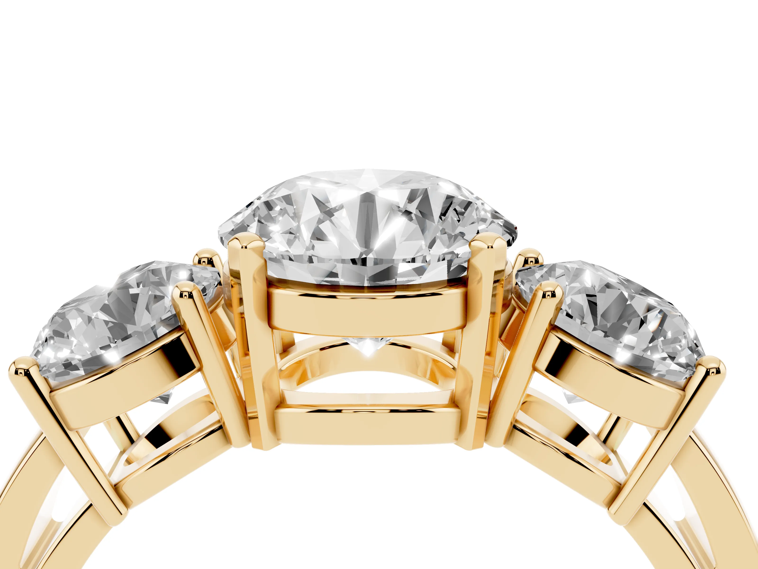 Round Cut Diamond Three-Stone Ring Set in Yellow gold with Round Side Stones and Classic Band