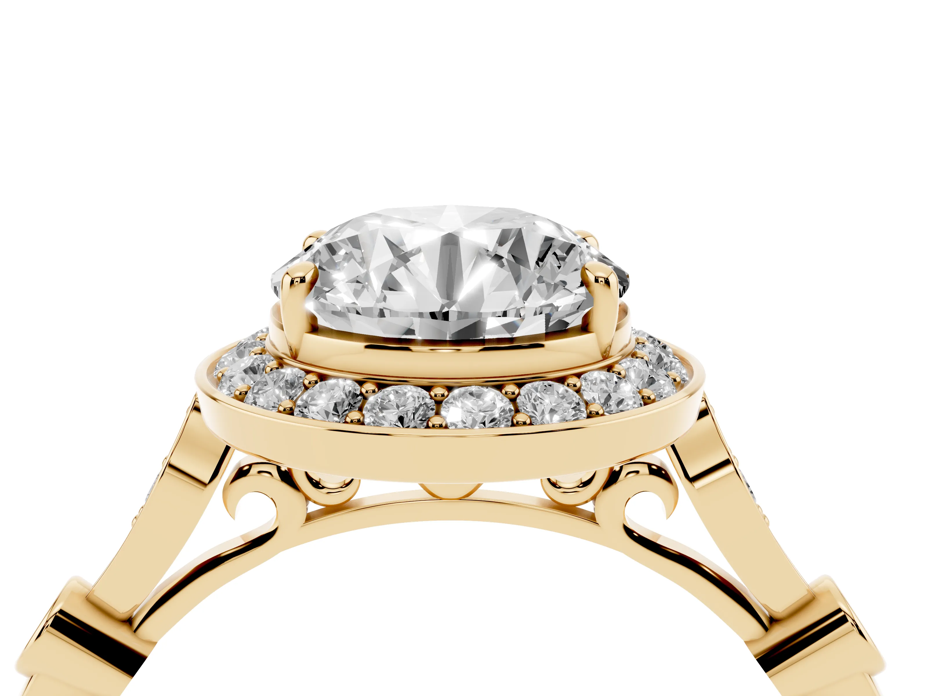 Round Cut Diamond Halo Engagement Ring Set in Yellow gold with Twisted Band and Prong Setting