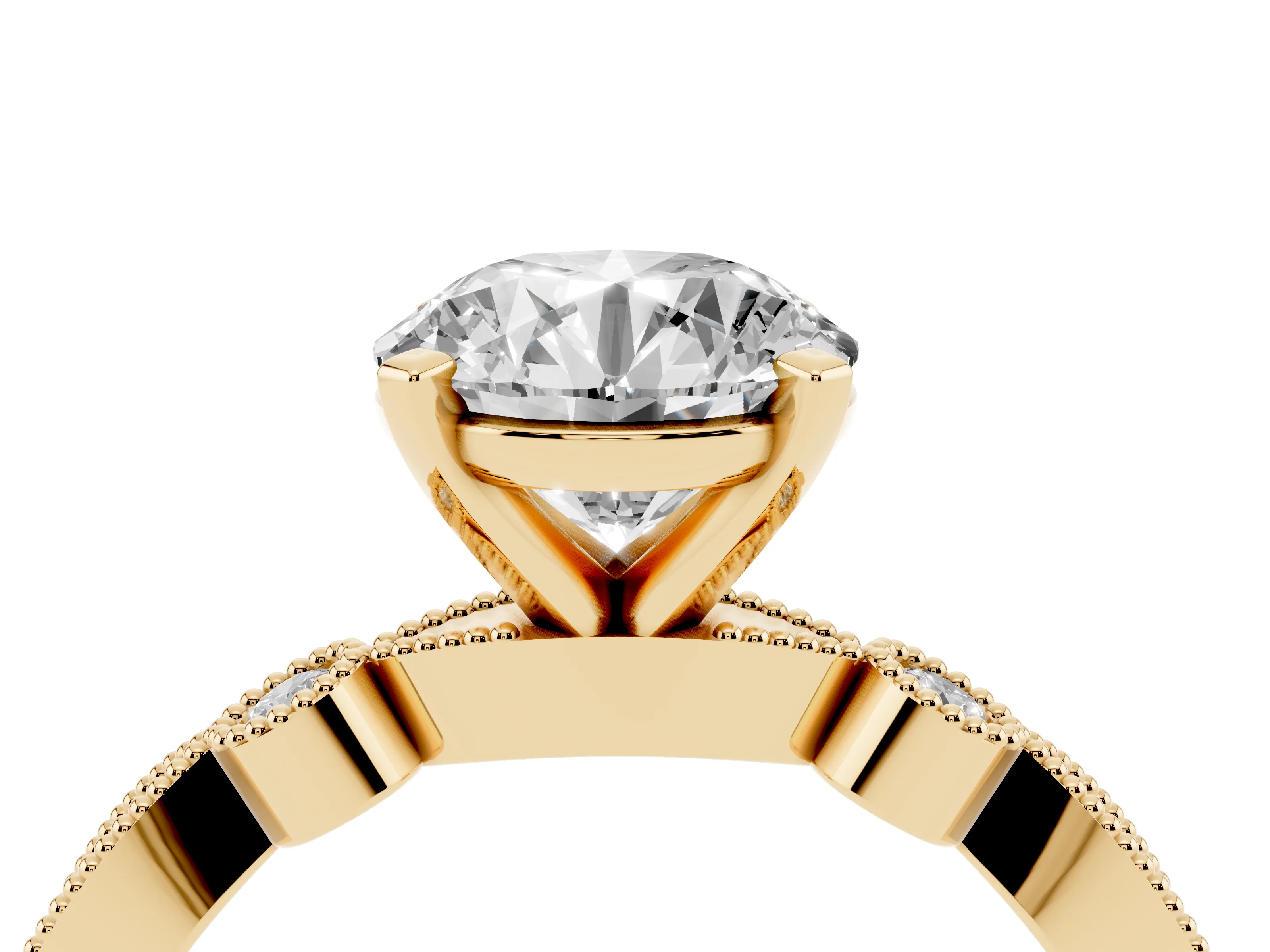 Round Cut Diamond Solitaire Engagement Ring Set in Yellow gold with Milgrain Bezel Accent Band