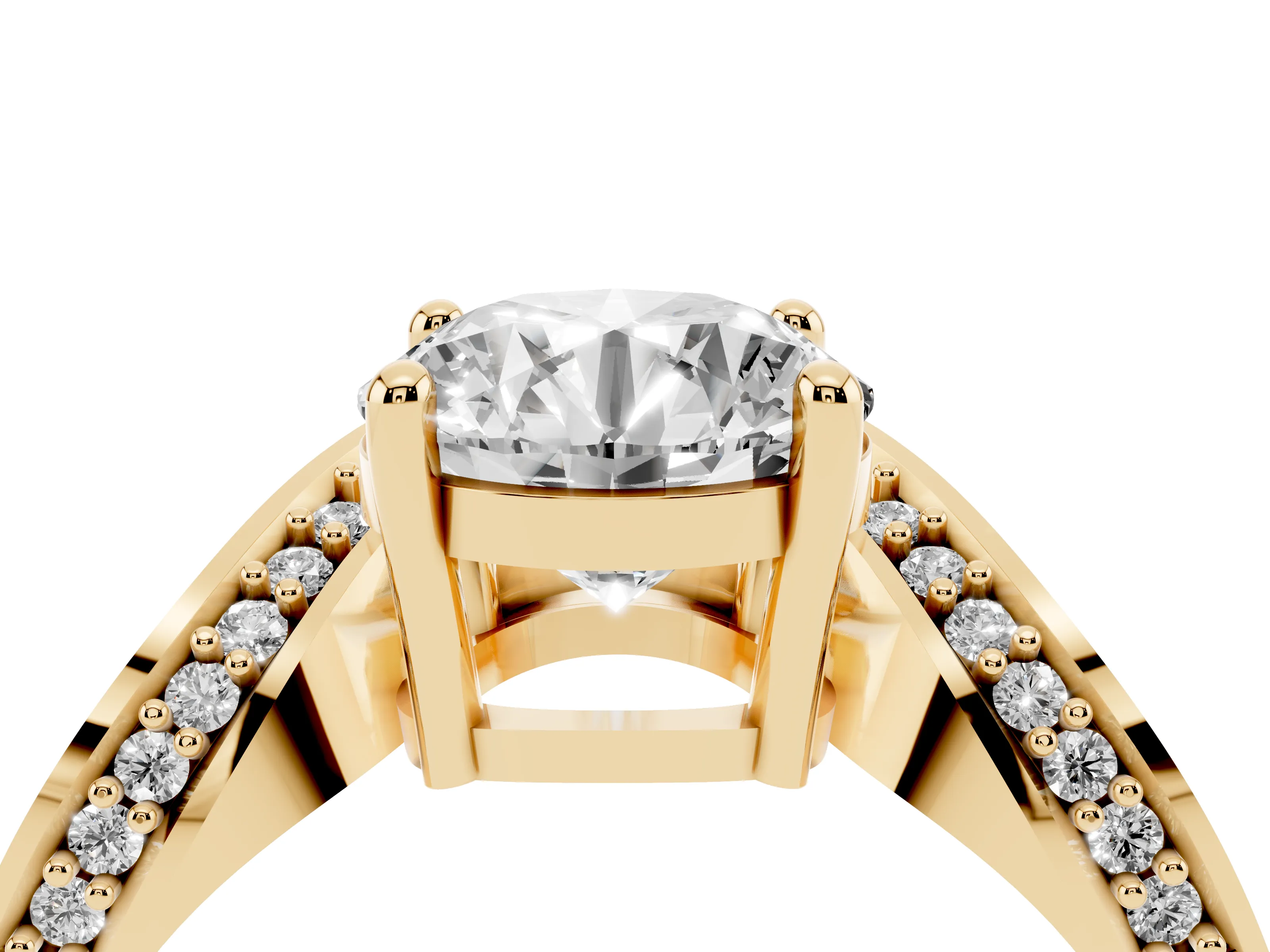Round Cut Diamond Solitaire Engagement Ring Set in Yellow gold with Pavé Shoulders