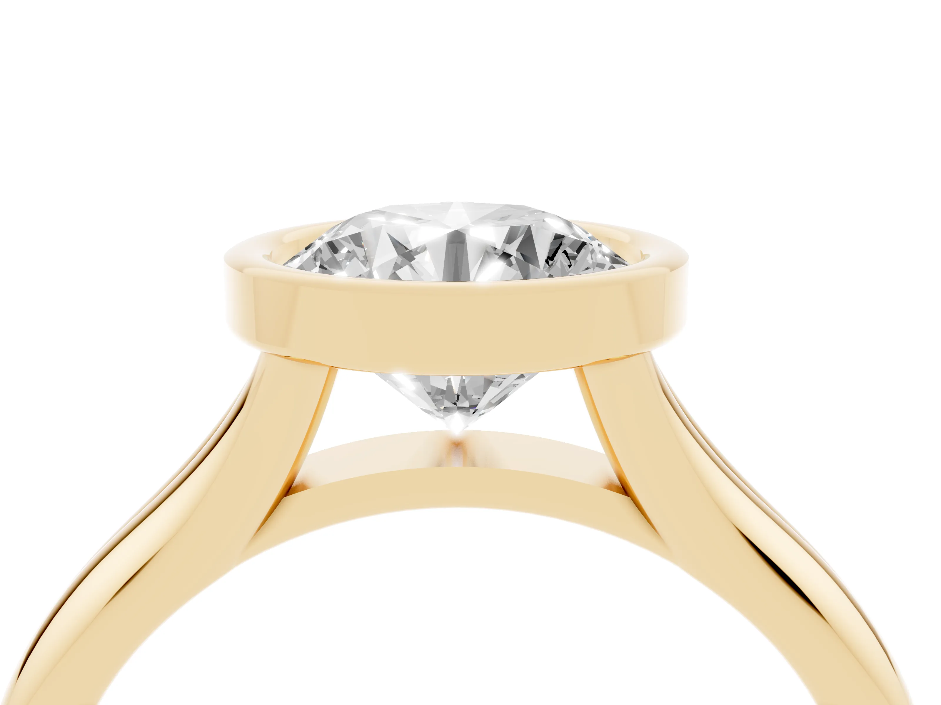 Bezel Set Round Cut Diamond Solitaire Ring Set in Yellow gold with Smooth Band