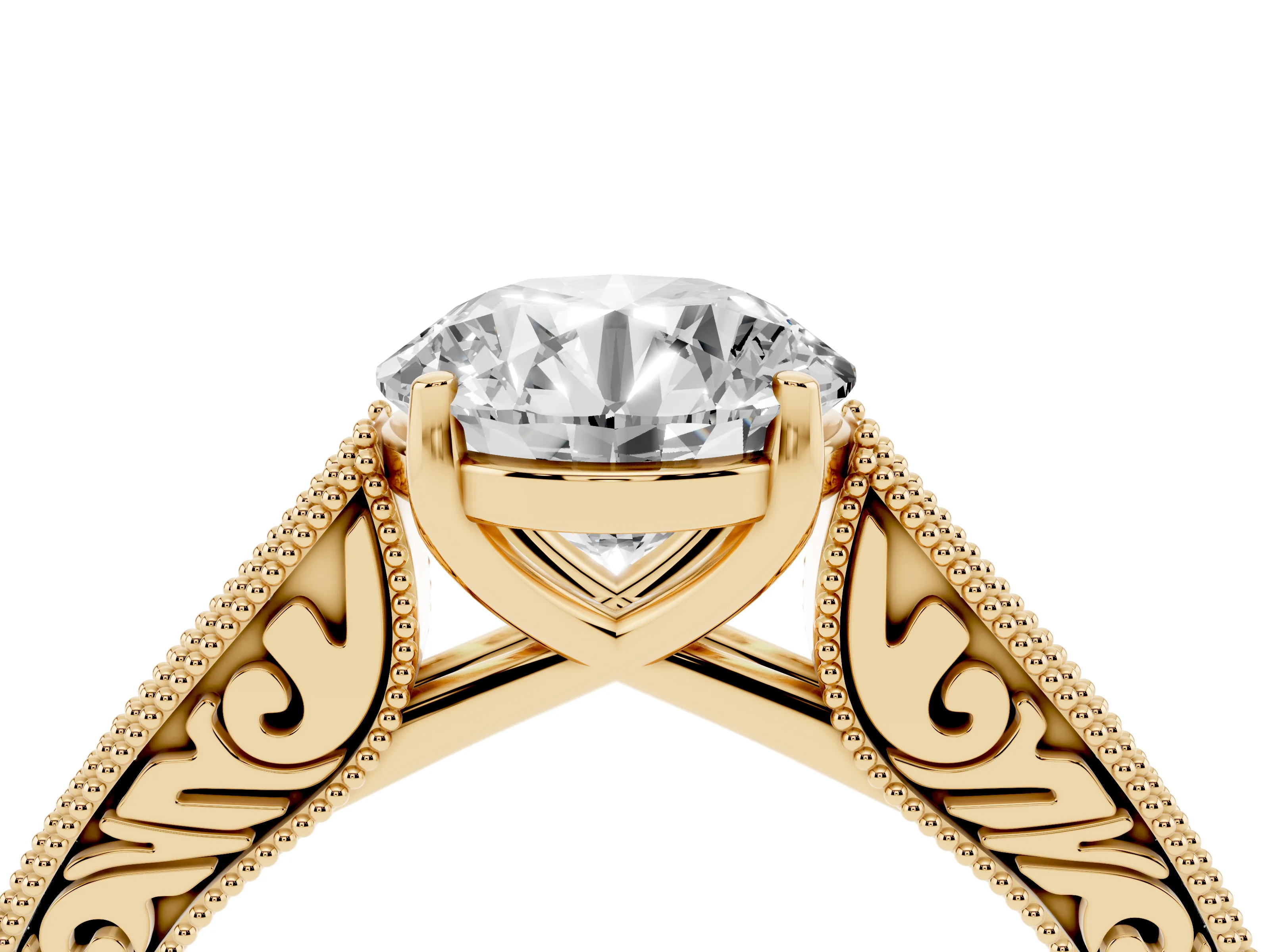 Round Cut Diamond Milgrain Pavé Band Solitaire Ring Set in Yellow gold with Prong Setting