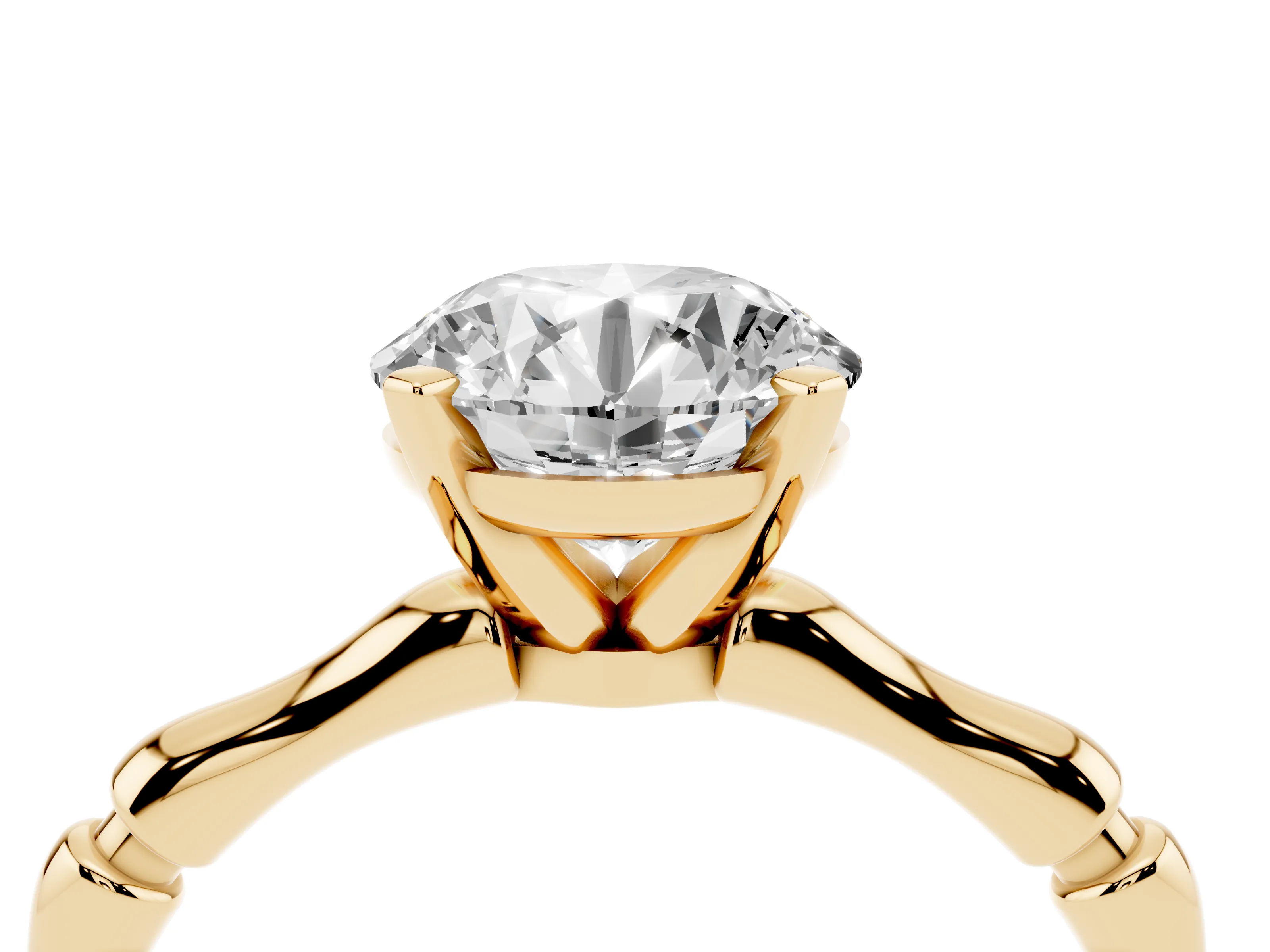 Round Cut Diamond Solitaire Ring Set in Yellow gold with Bamboo Band and Prong Setting