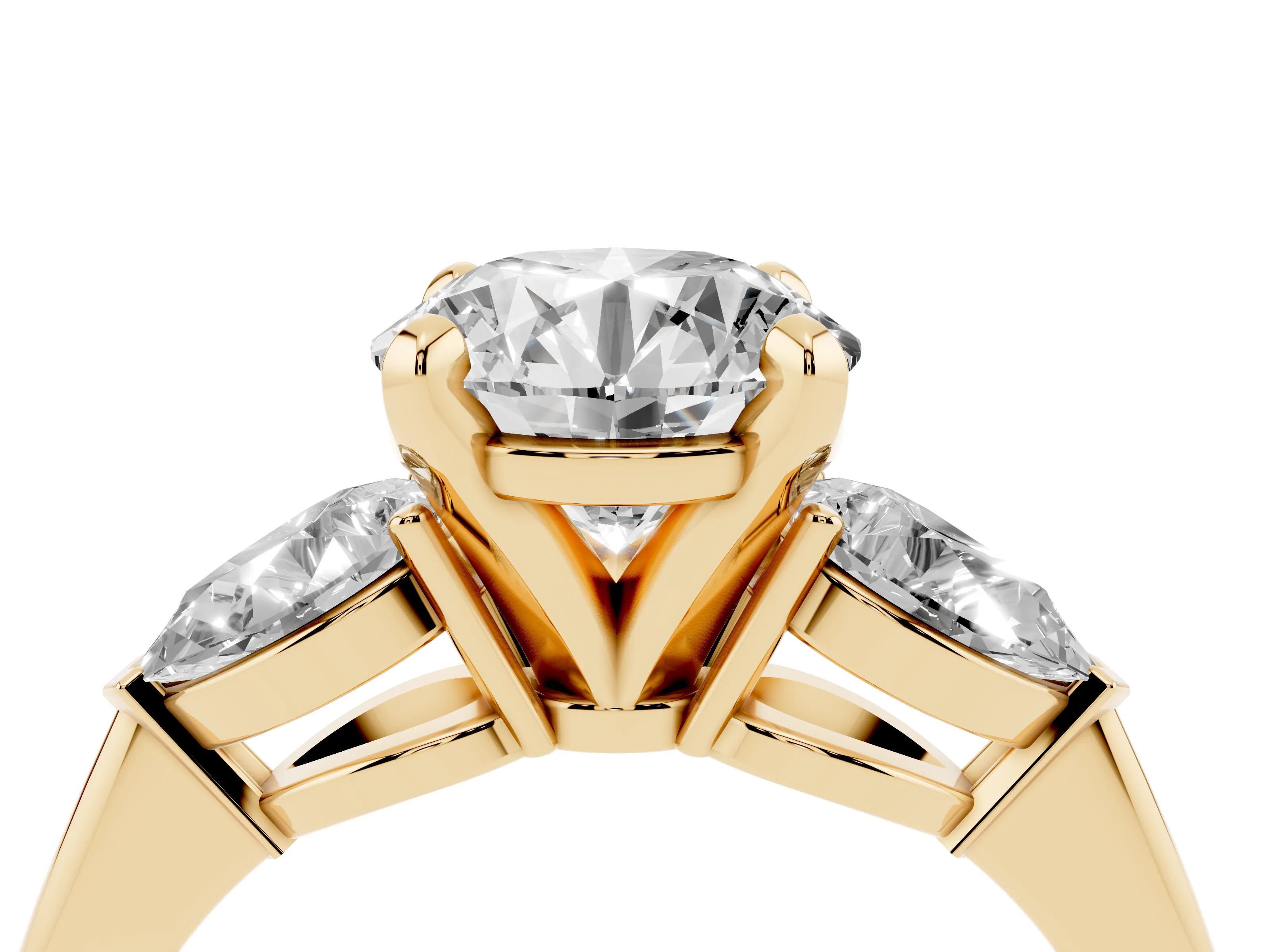 Three-Stone Round Cut Diamond Ring Set in Yellow gold with Pear Side Stones and Prong Setting