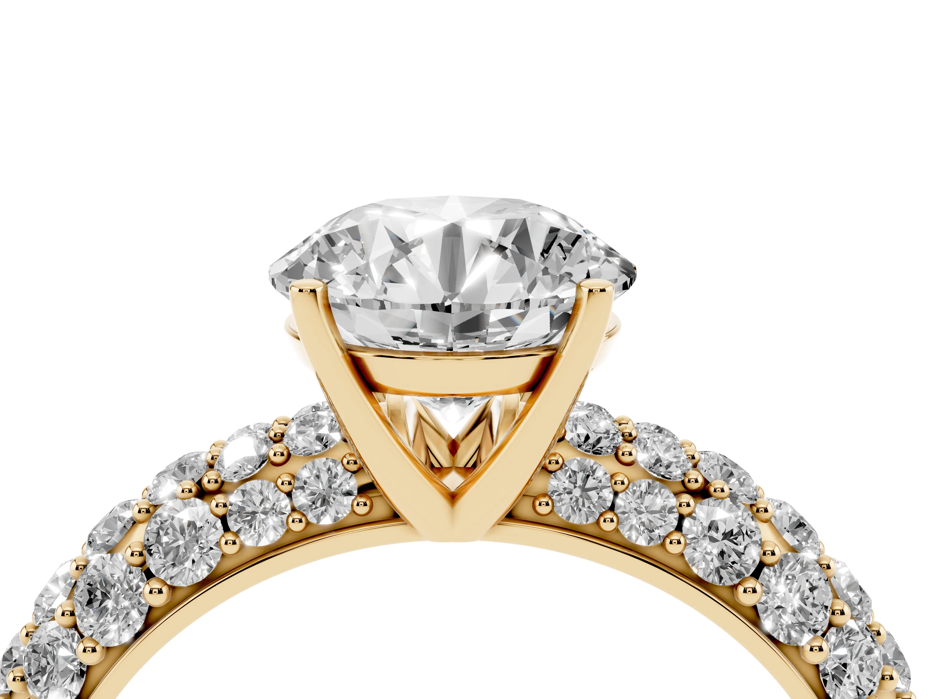 Round Cut Diamond Pavé Band Solitaire Ring Set in Yellow gold with Close-Set Accent Stones and Prong Setting