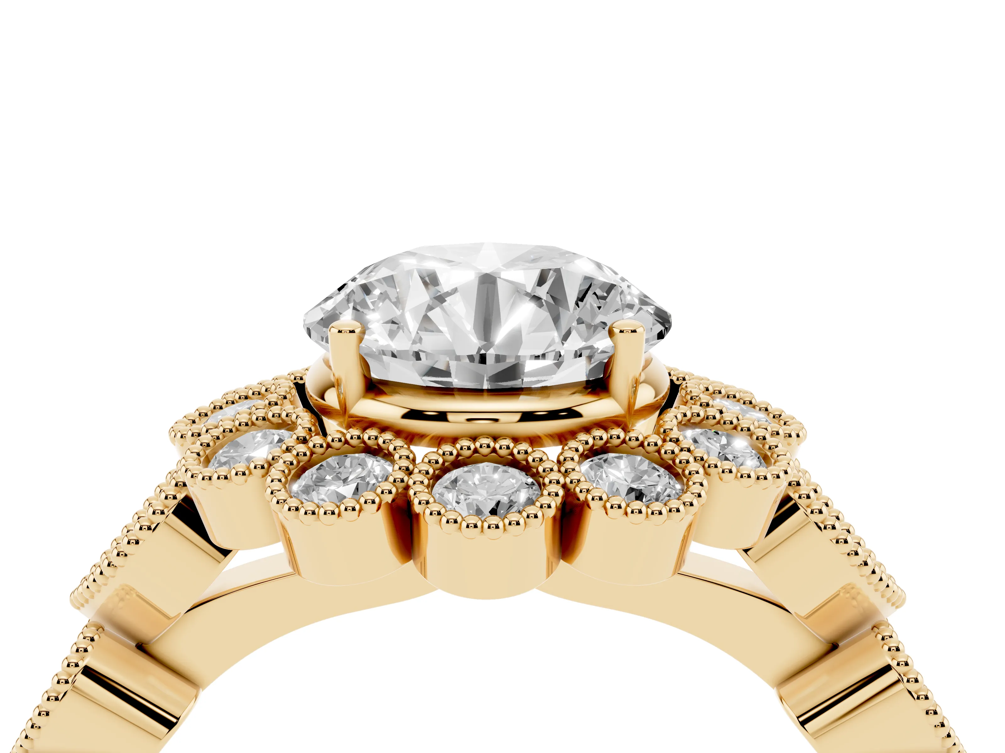 Round Cut Diamond Solitaire Ring Set in Yellow gold with Milgrain Pavé Heart Band