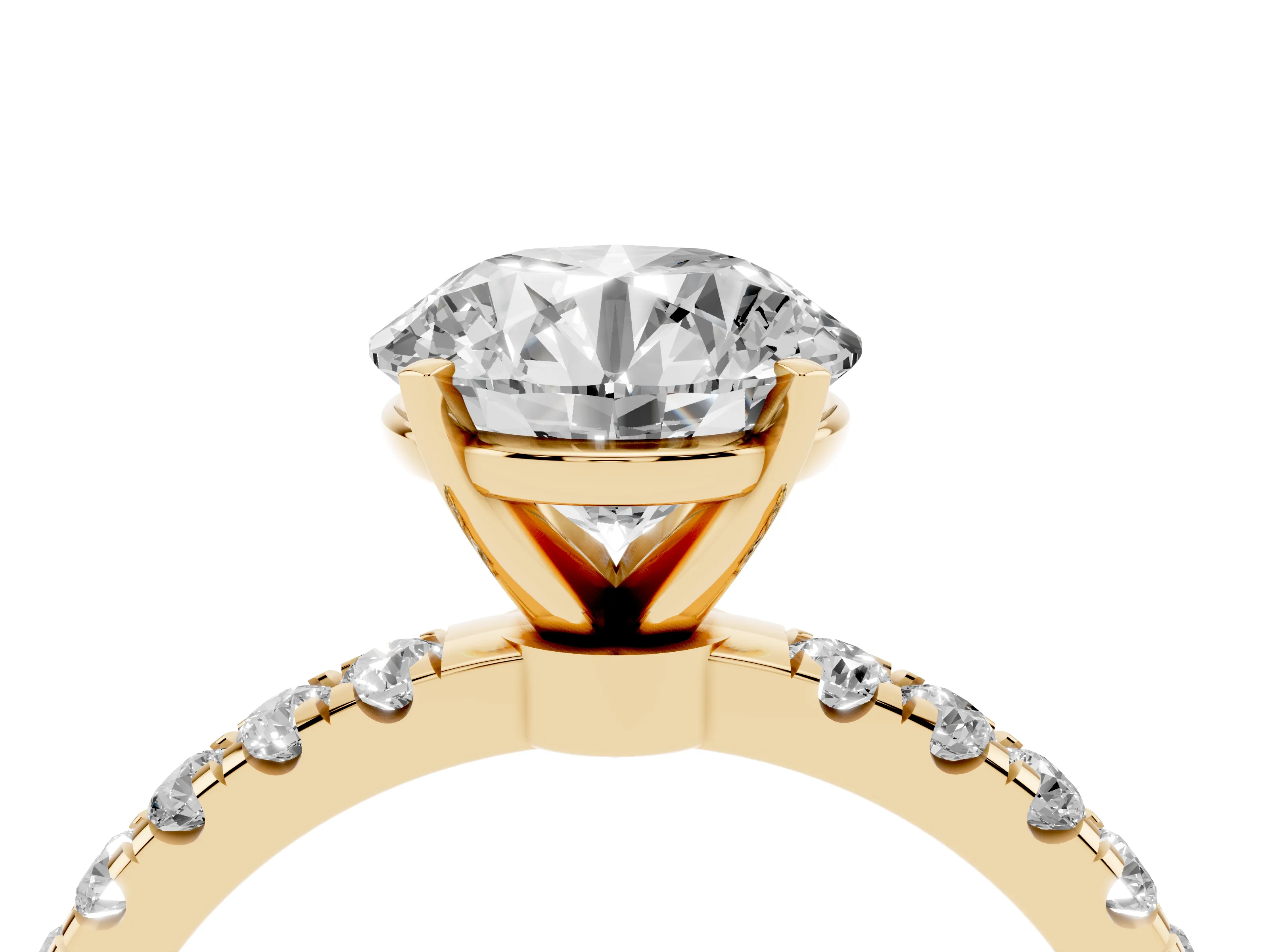 Round Cut Diamond Solitaire Ring Set in Yellow gold with Pavé Accents and Prong Setting