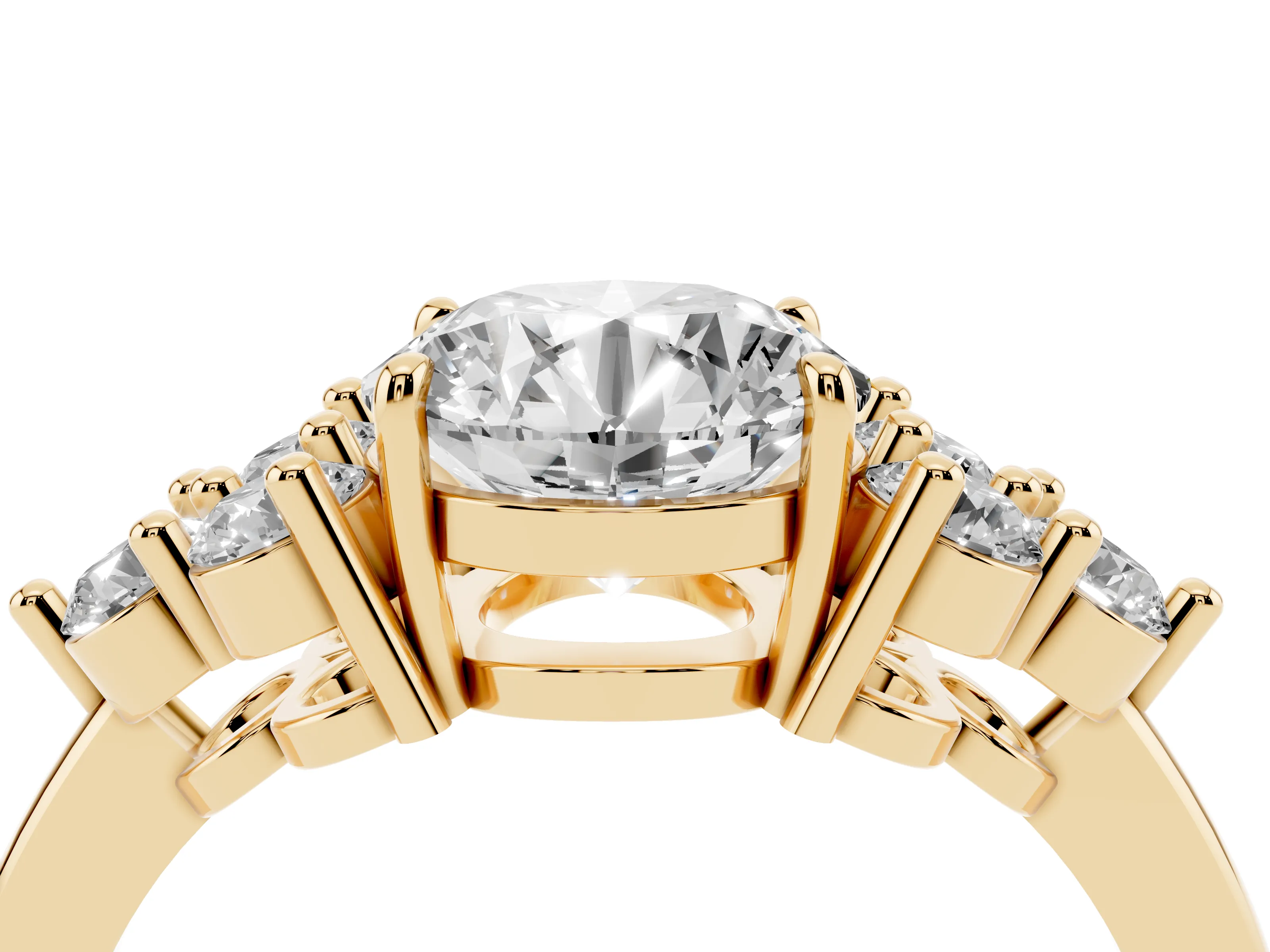 Round Cut Diamond Solitaire Ring Set in Yellow gold with Cluster Accents on Each Side