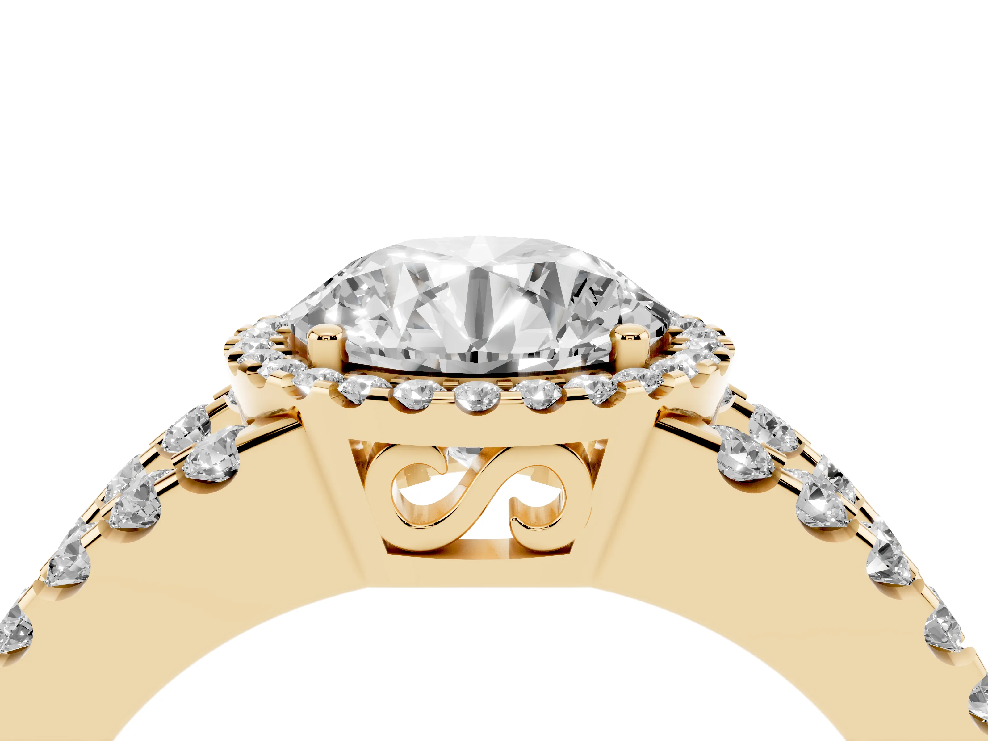 Round Cut Diamond Halo Ring Set in Yellow gold with Pavé Split Shank and Prong Setting