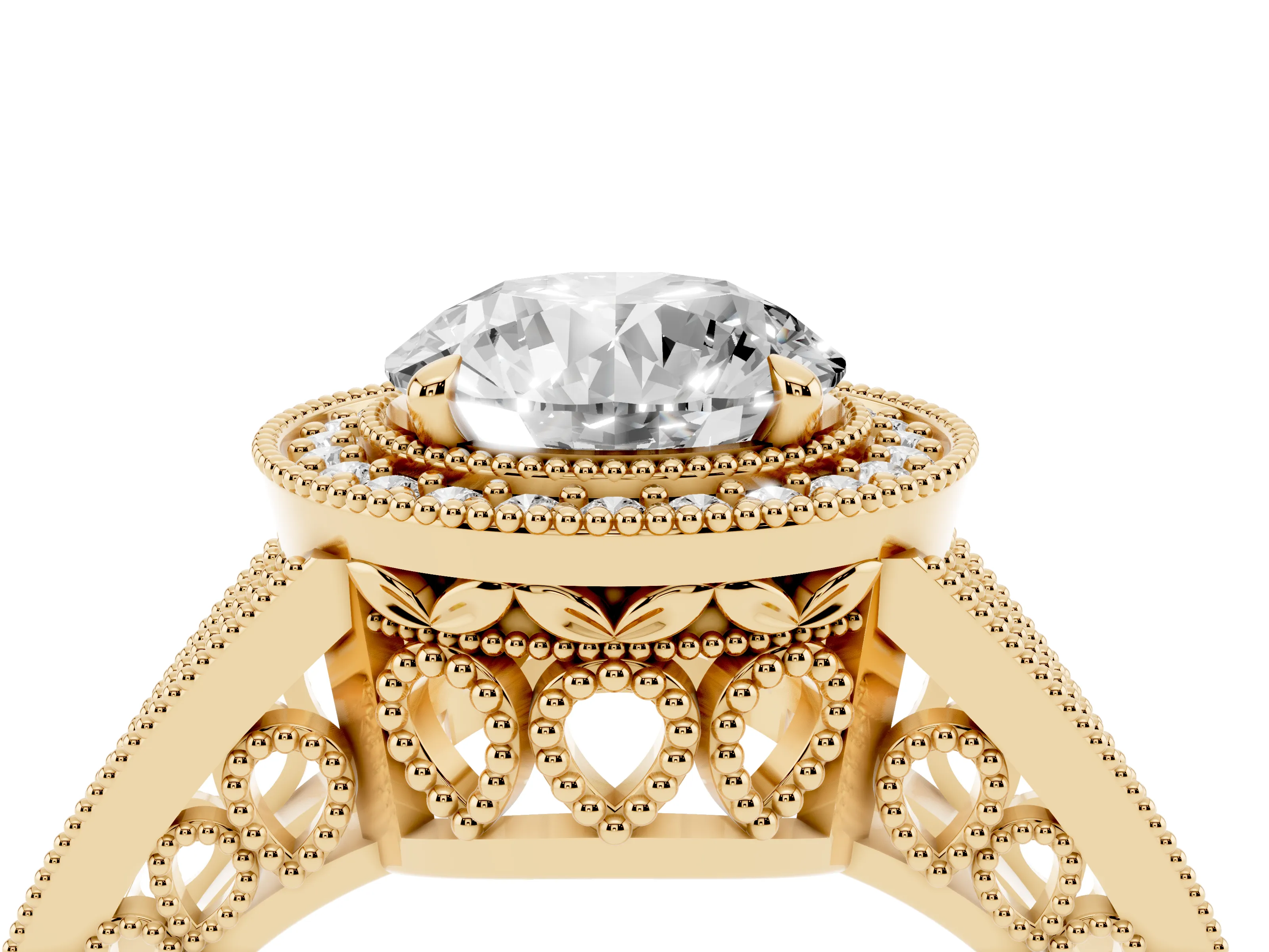 Round Cut Diamond Halo Ring Set in Yellow gold with Stone-Set Split Shank and Milgrain Edges
