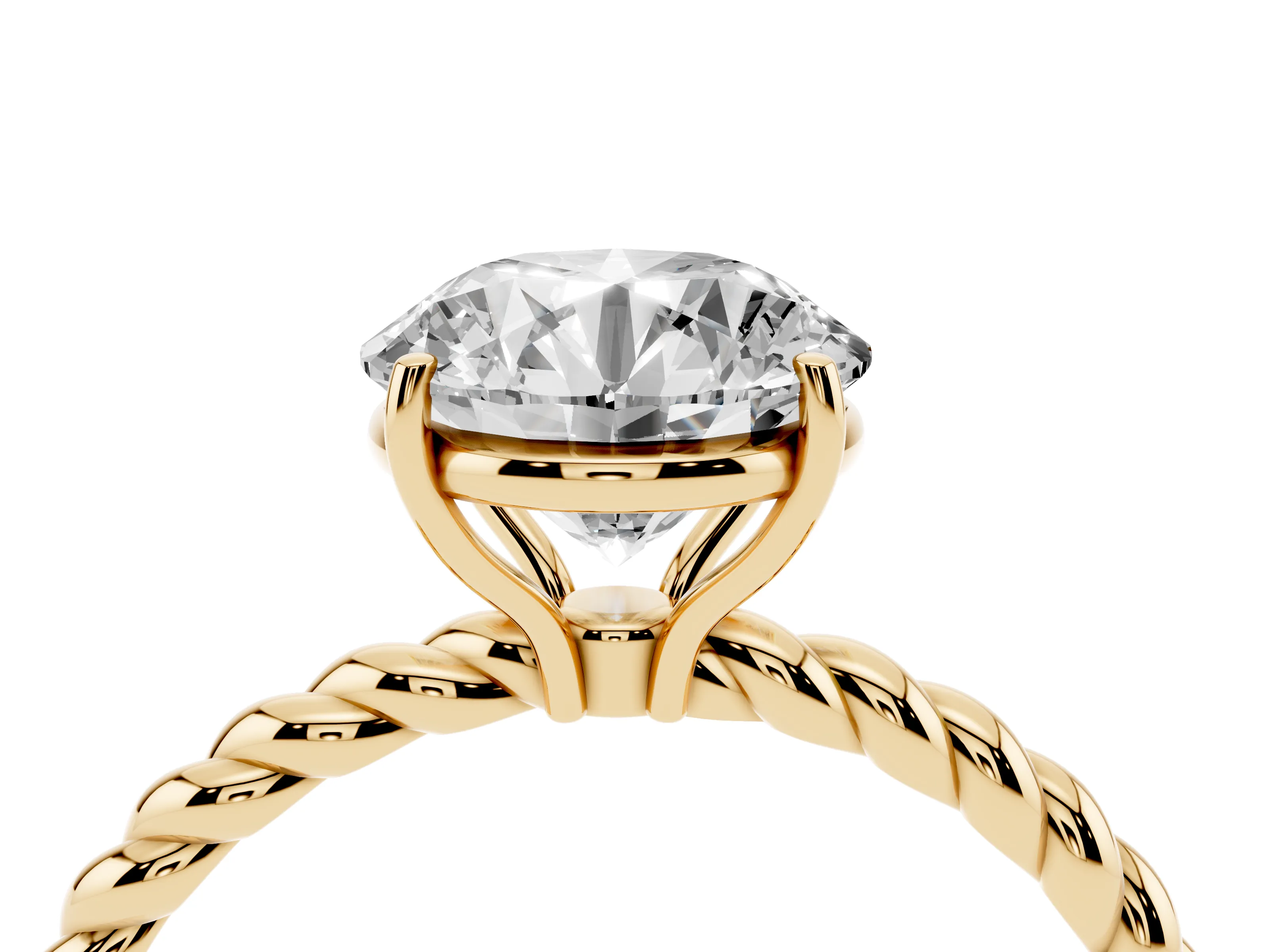 Round Cut Diamond Solitaire Ring Set in Yellow gold with Twist Band and Prong Setting
