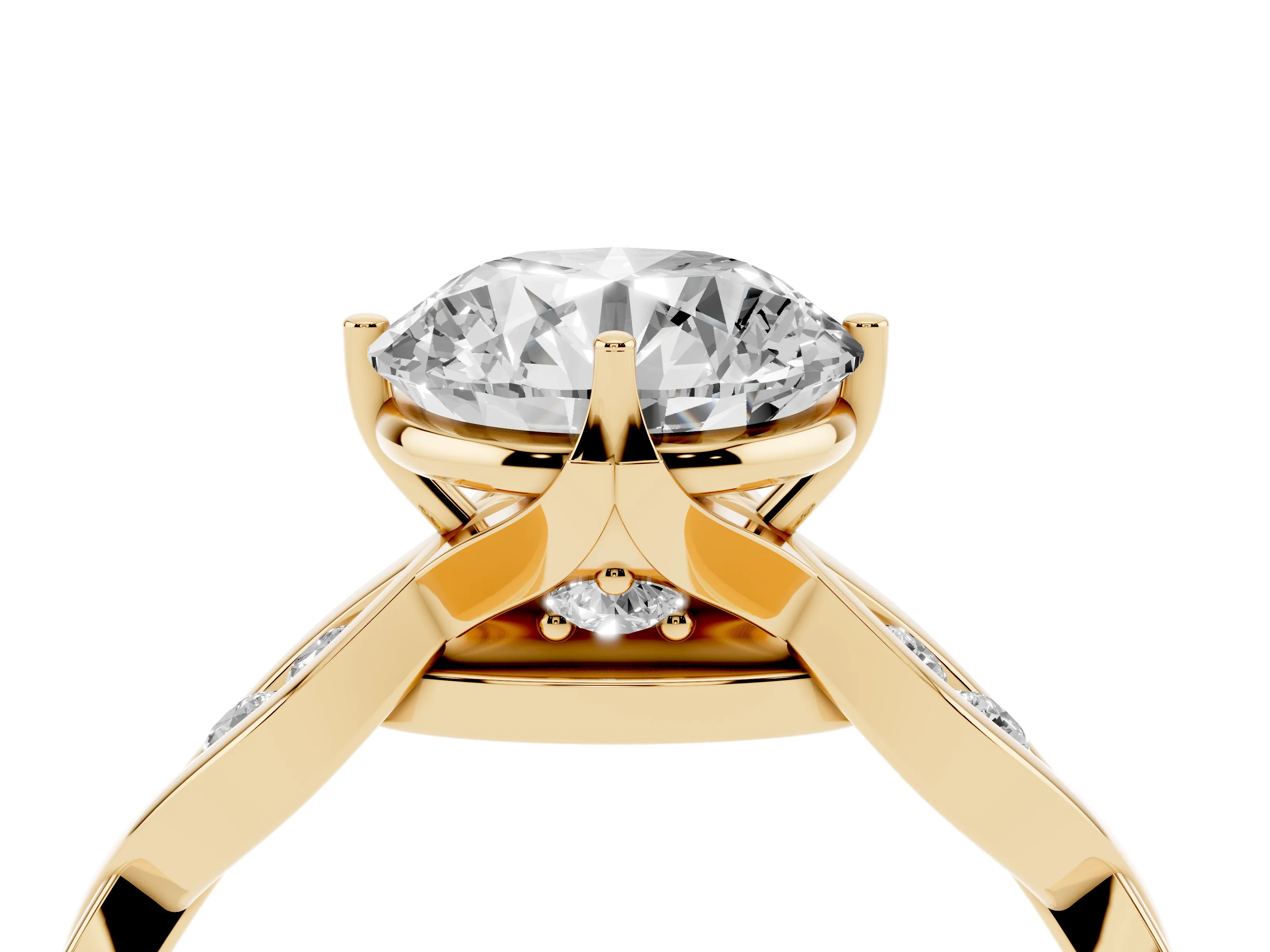 Round Cut Diamond Twist Band Solitaire Ring Set in Yellow gold with Leaf Prong Setting and Accent Stones