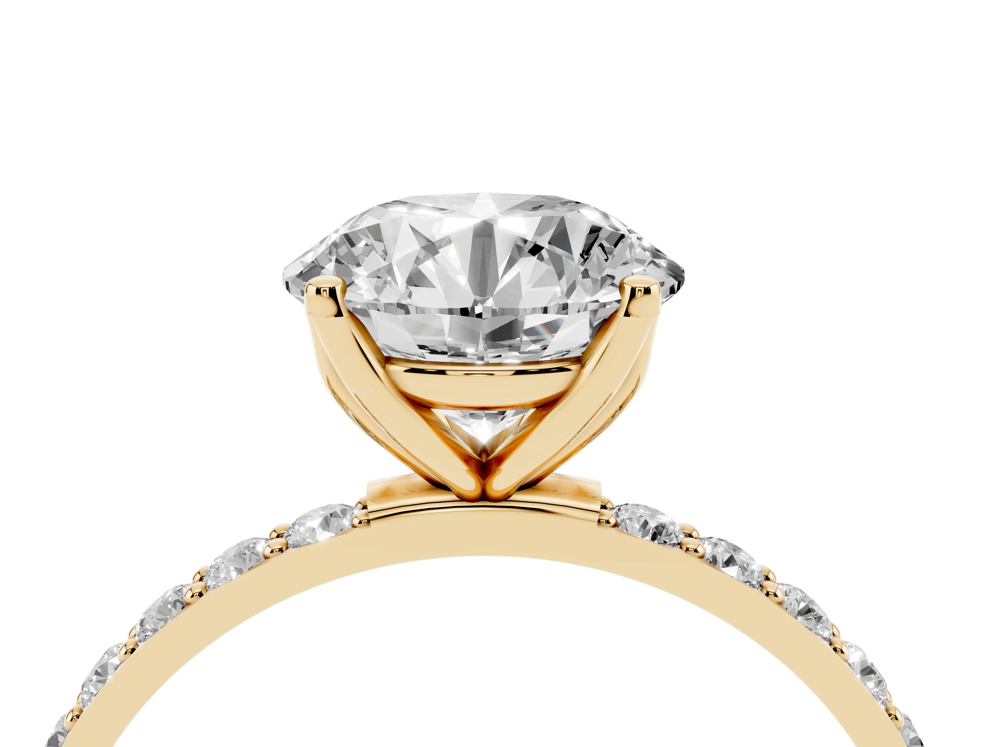 Round Cut Diamond Solitaire Engagement Ring Set in Yellow gold with Round Pavé Band and Prong Setting