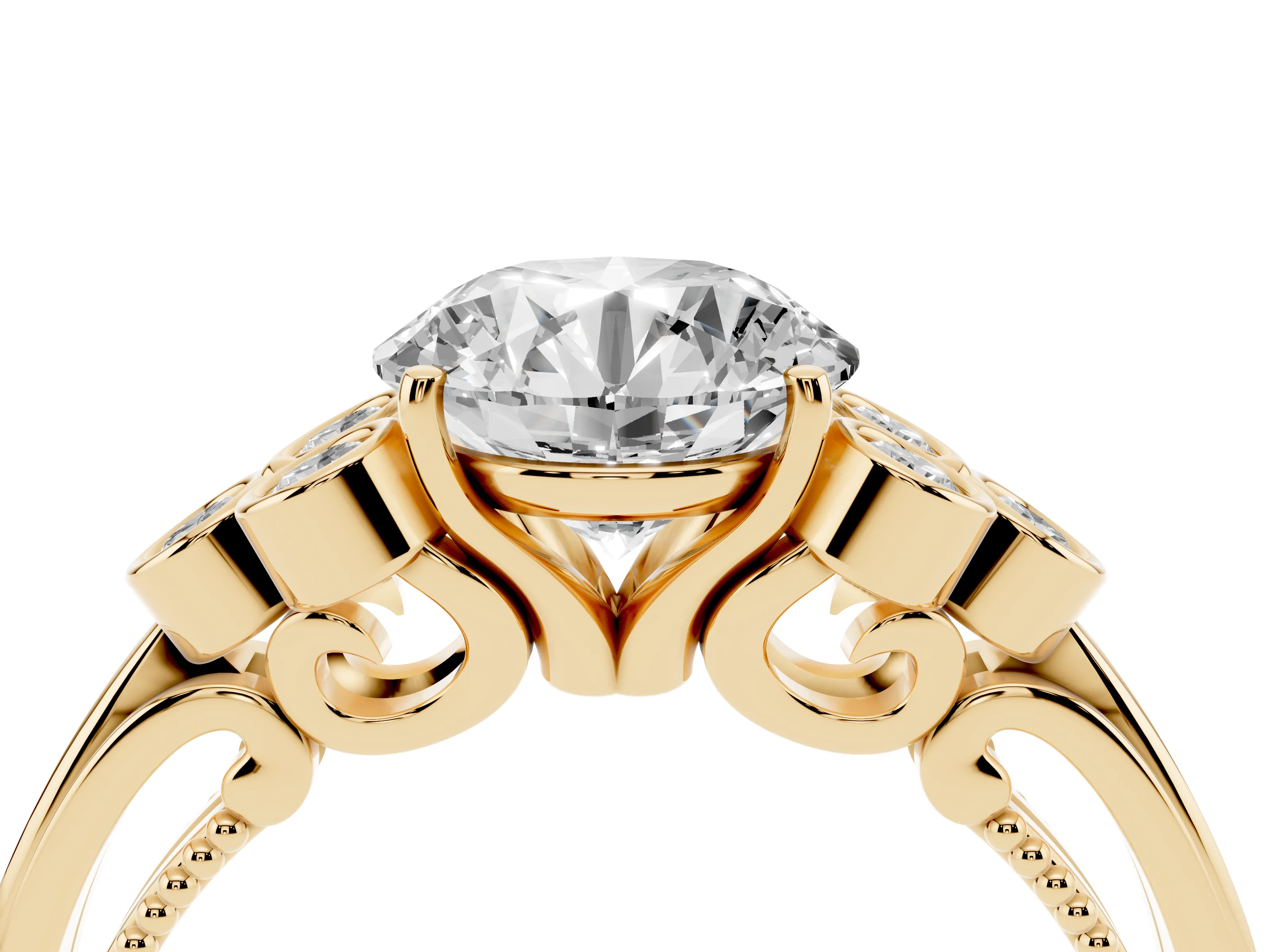 Round Cut Diamond Engagement Ring Set in Yellow gold with Bezel Set Round Side Stones and Prong Setting